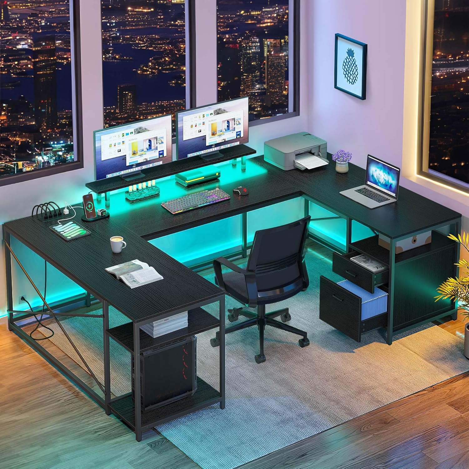DWVO U Shaped Desk with Drawers, 79" Reversible L Shaped Desk with Power Outlets & LED Lights, Corner Computer Desk with Monitor Stand & Storage Shelves, Black