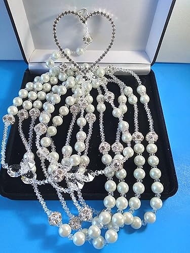 Miniatura 5 de J.G Boda Lasso de Perla Fina Color Blanca combinada con bola de Metal y cristales, Corazon con cristales