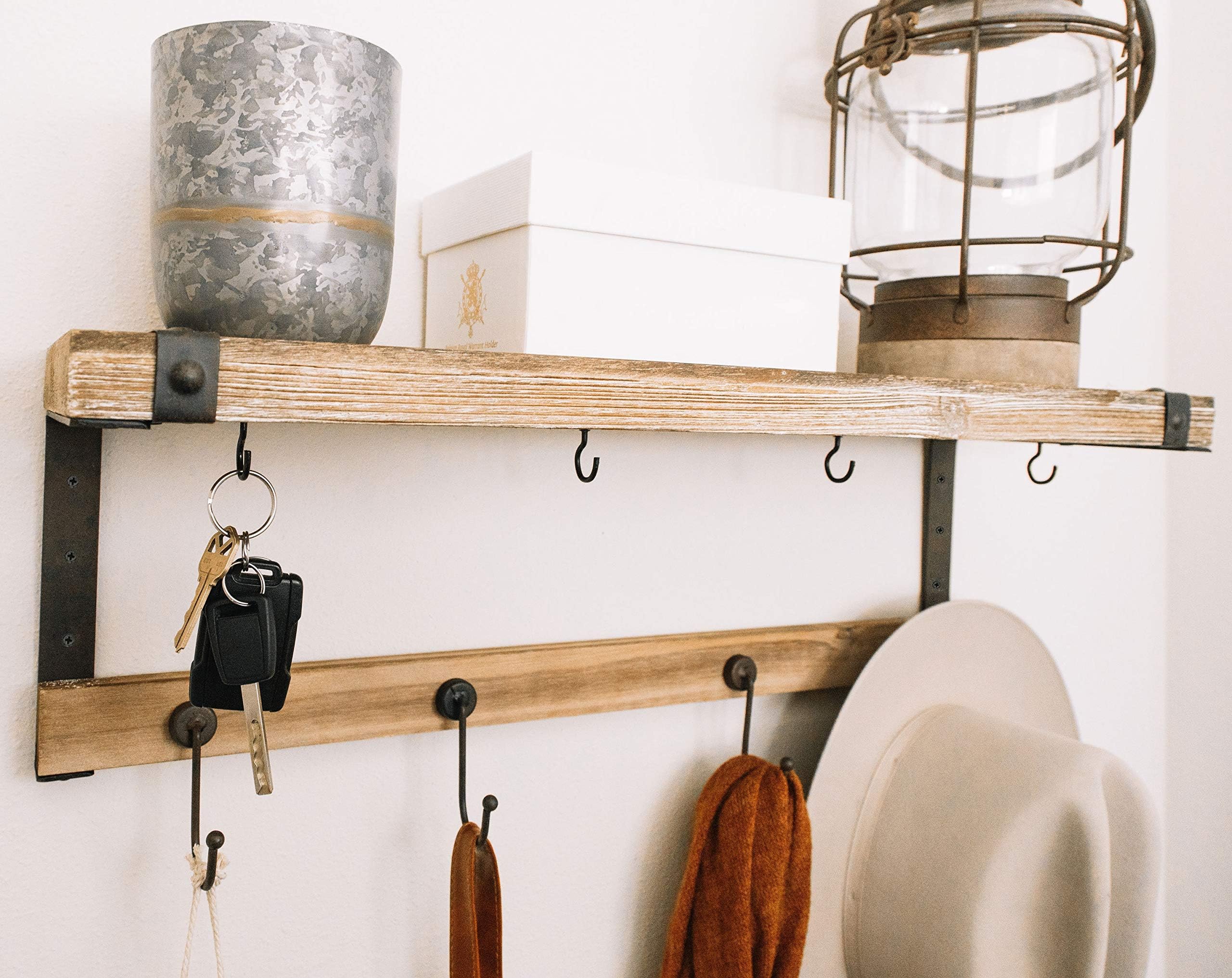 Entryway Coat Rack Shelf : 24" x 7" Rustic Wooden Entry Way Hanging Shelf Mount, Industrial Wall Mounted Organizer Mug Rack Key and Coat Hooks, Home Decor, Shelves for Mudroom Bedroom Bathroom Mail