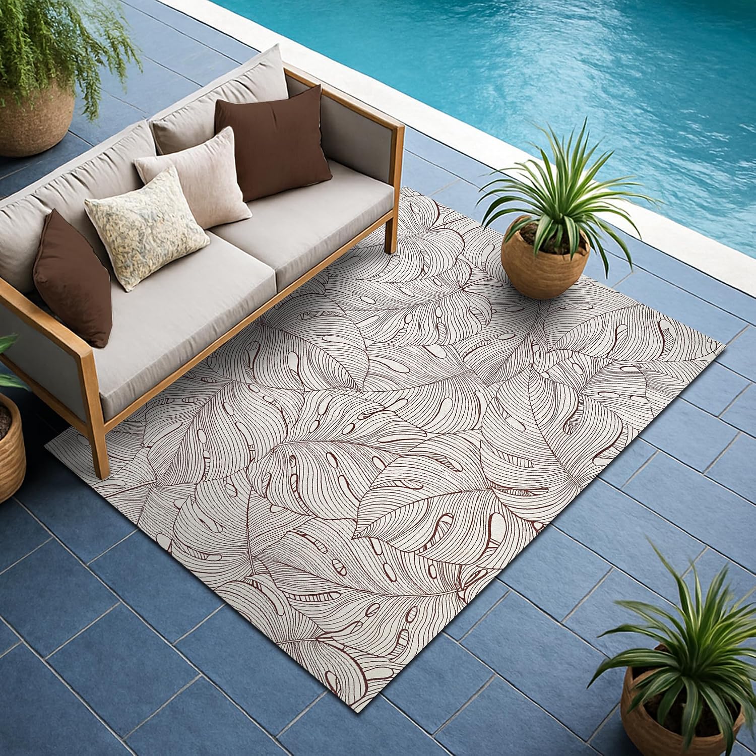 Couristan 5'3" x 7'6" Leaf Indoor-Outdoor Rug - Palma Red Area Rug with Leaf Pattern, Flatwoven Polyester Texture, UV-Stabilized, Fade-Resistant, and Easy-Clean Floor Accent for Patio or Living Room