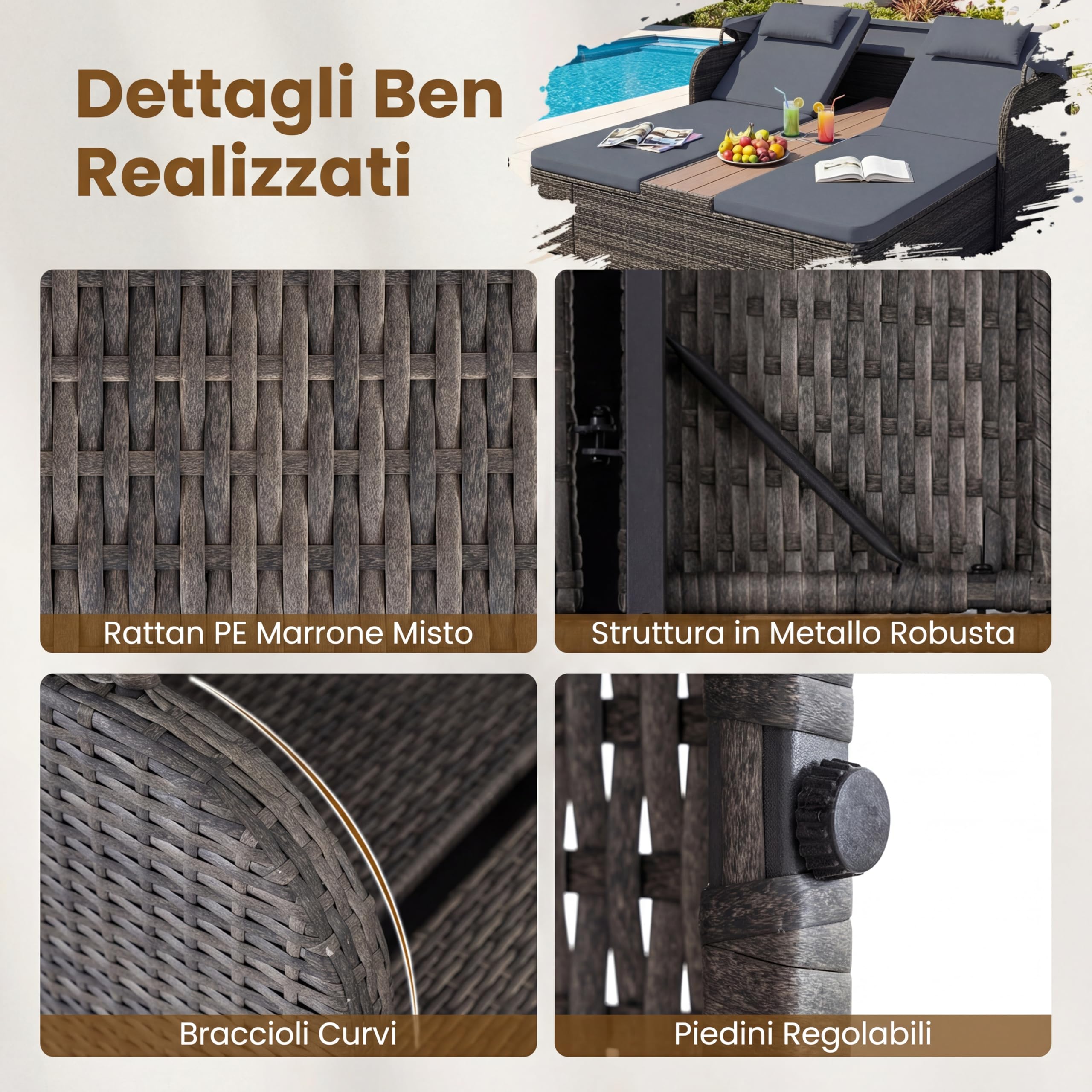 COSTWAY Letto Prendisole Matrimoniale per 2 Persone, Lettino da Giardino in Rattan con Tetto Retrattile e Schienali Regolabili, Isola Prendisole con Tavolino e Portabicchieri per Relax (Grigio)