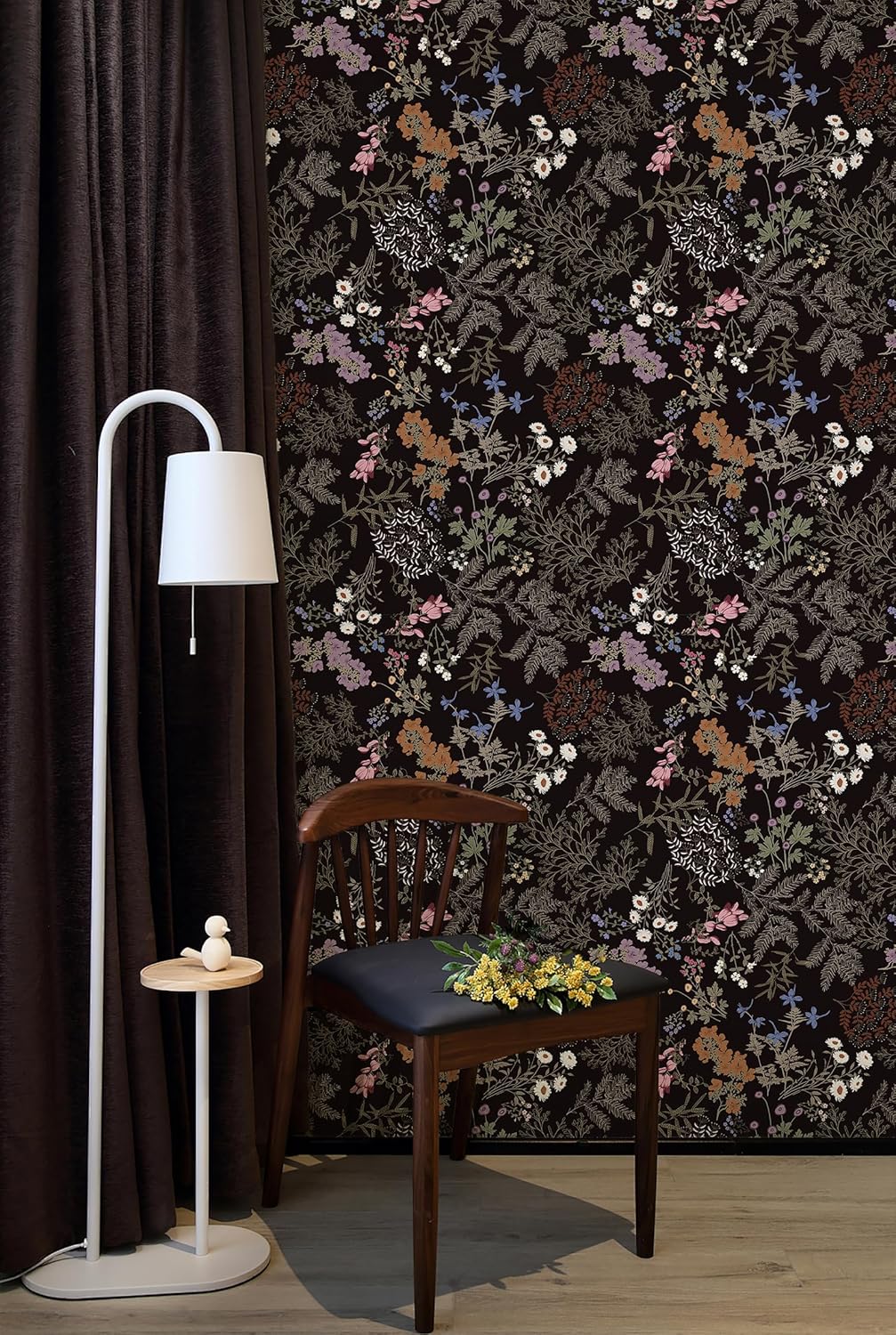 Peel and Stick Wallpaper Black Floral Wallpaper Dark Floral Leaf Contact Paper for Cabinet Vintage Self-Adhesive Removable Wall Paper for Bathroom Bedroom Kitchen Shelf Liner 17.3" x 394"