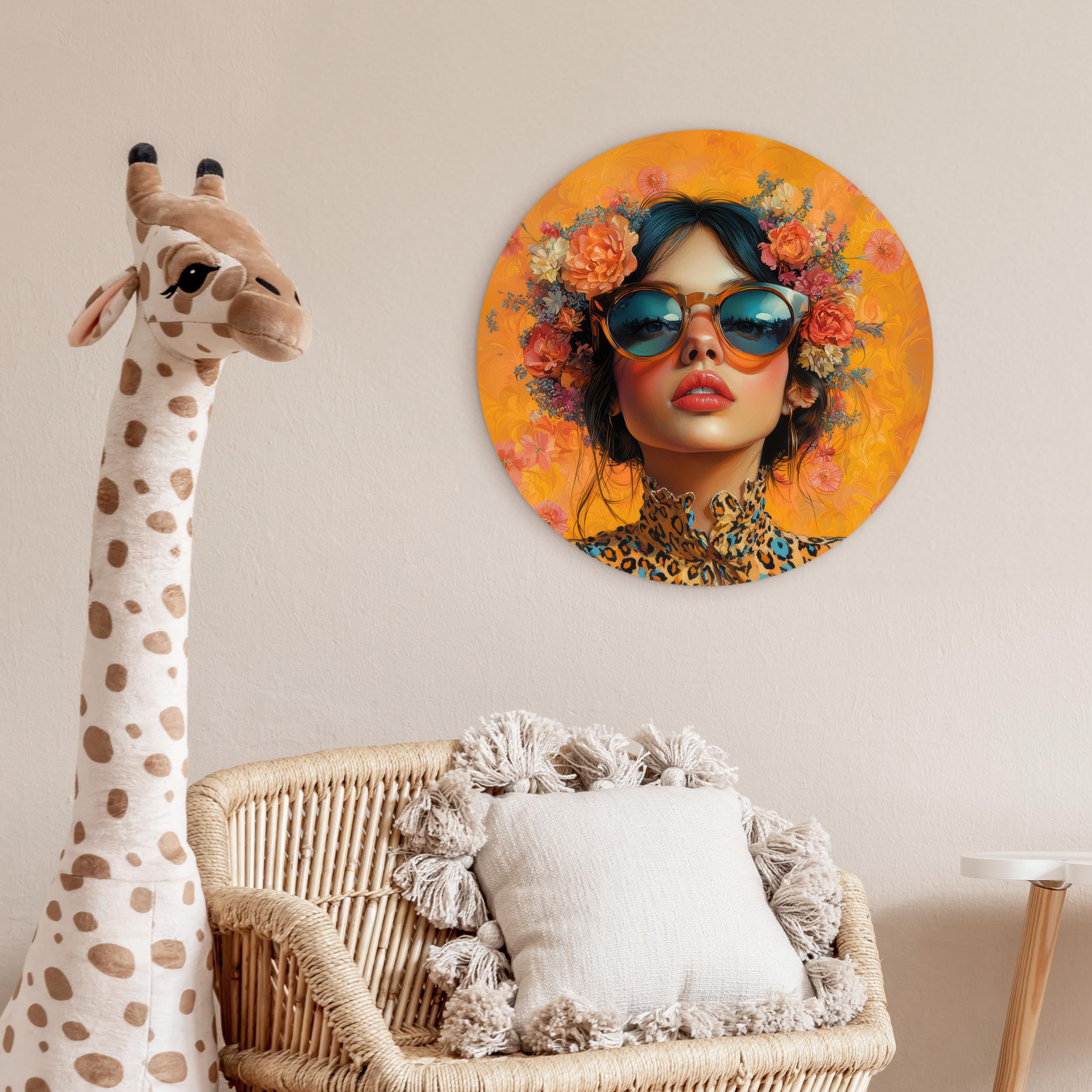 MuchoWow© Wandkreis Ø60 cm Home Decor Modern Dekoration Deko Wandbilder Wanddekoration Zimmerdeko Wohnung Wall XXL Wohnzimmer Schlafzimmer Frau - Blumen - Ästhetik - Orange