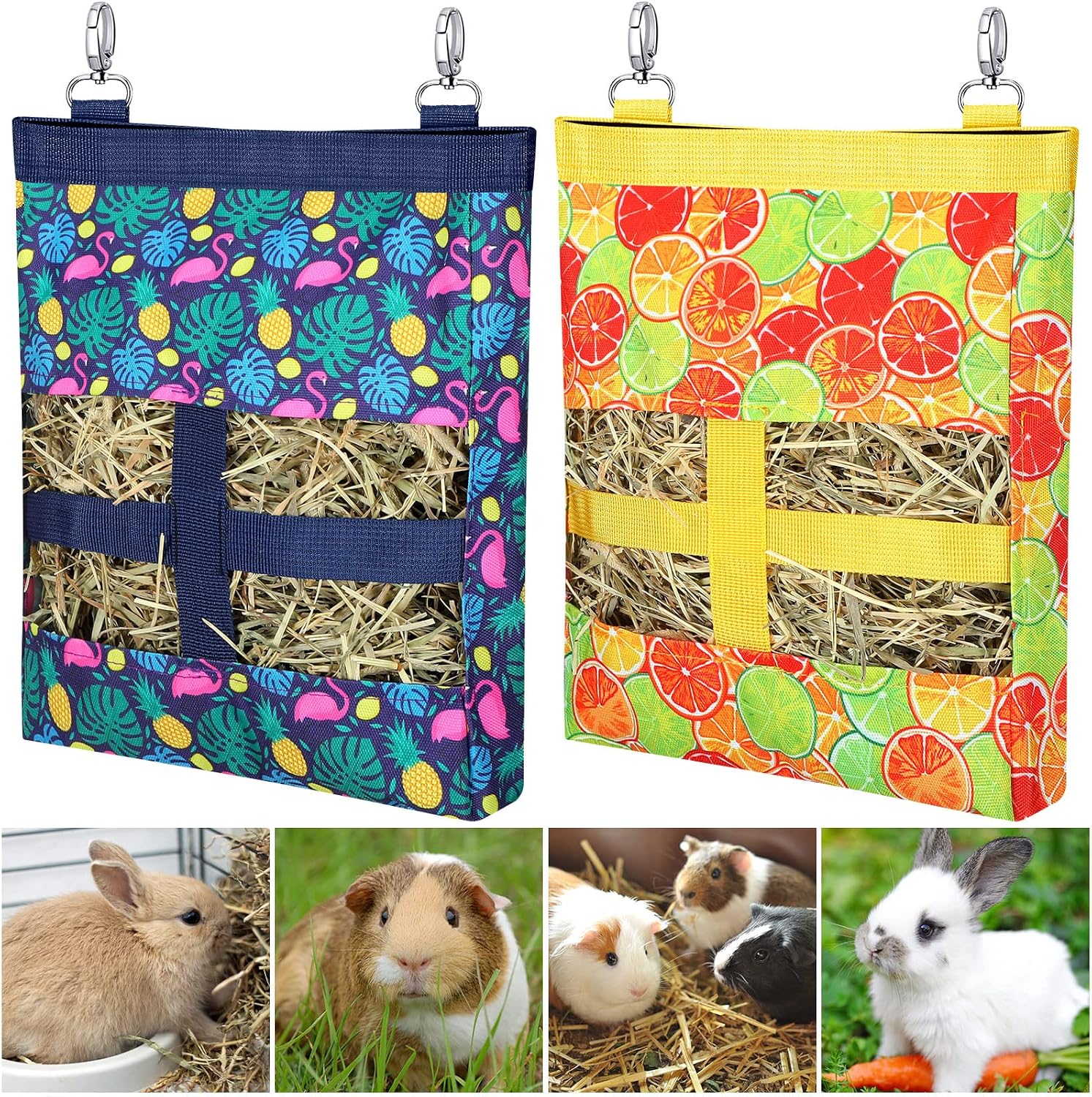 2 Pieces Guinea Pig Hay Bag Washable Pet Rabbit Hay Feeder Bag with 2 Holes Cute Small Animal Hanging Feeder Sack Storage for Rabbit…