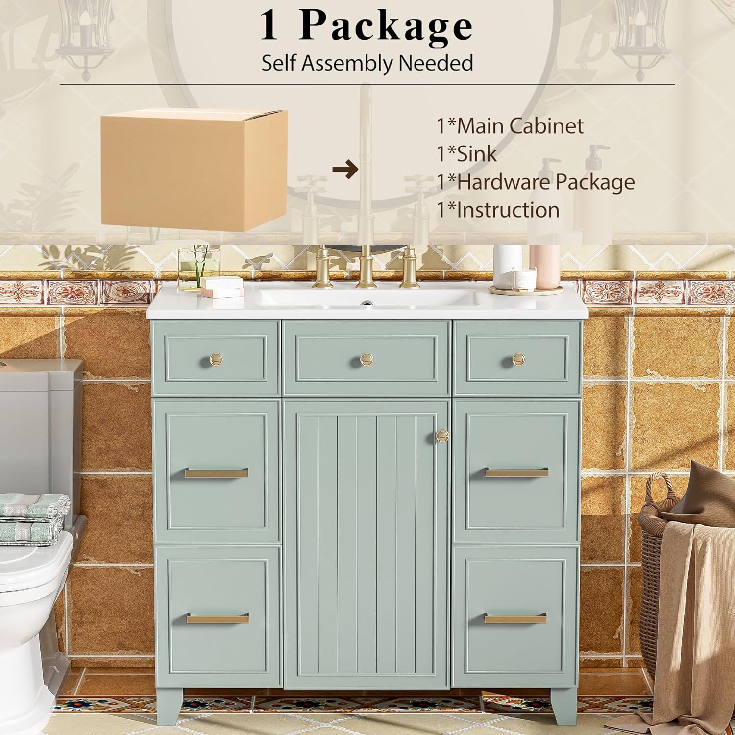 36" Bathroom Vanity with Ceramic Sink Countertop 1 Soft Close Doors 4 Drawers Adjustable Shelves Undermount Vanity with Storage (Green)