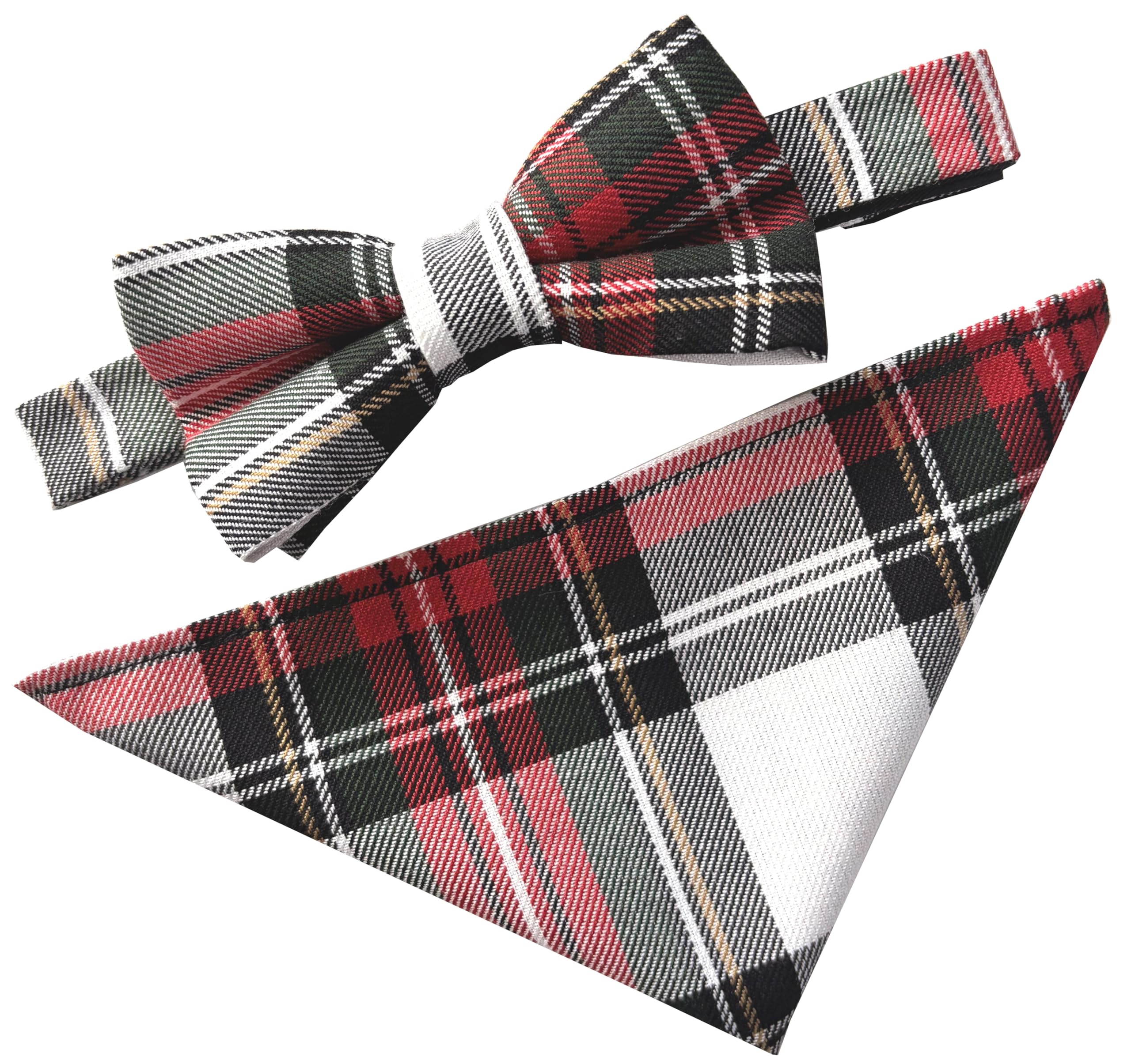 Great British Tie Club Men's Red, White, Green, Yellow Scottish Tartan Dress Stewart Bow Tie & Hanky Set