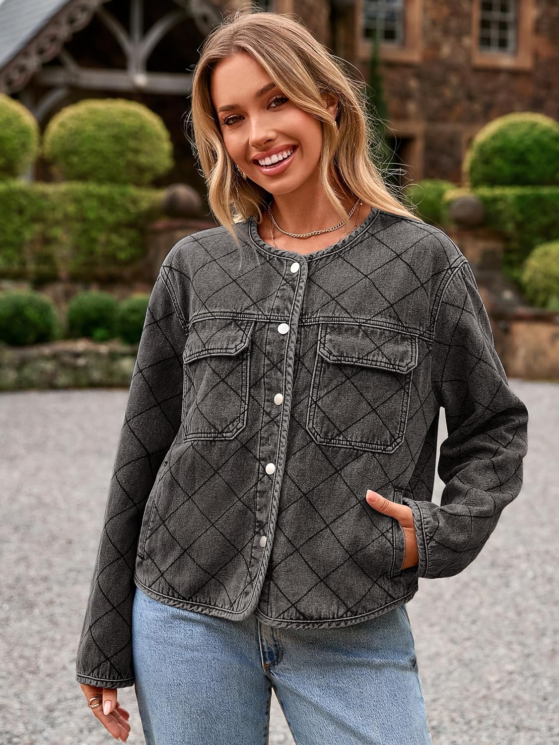 Glamaker Jean Jacket Women Denim Long Sleeve Button Down Diamond Quilted Lightweight Jackets Fall Winter Shacket Coats - Image 6