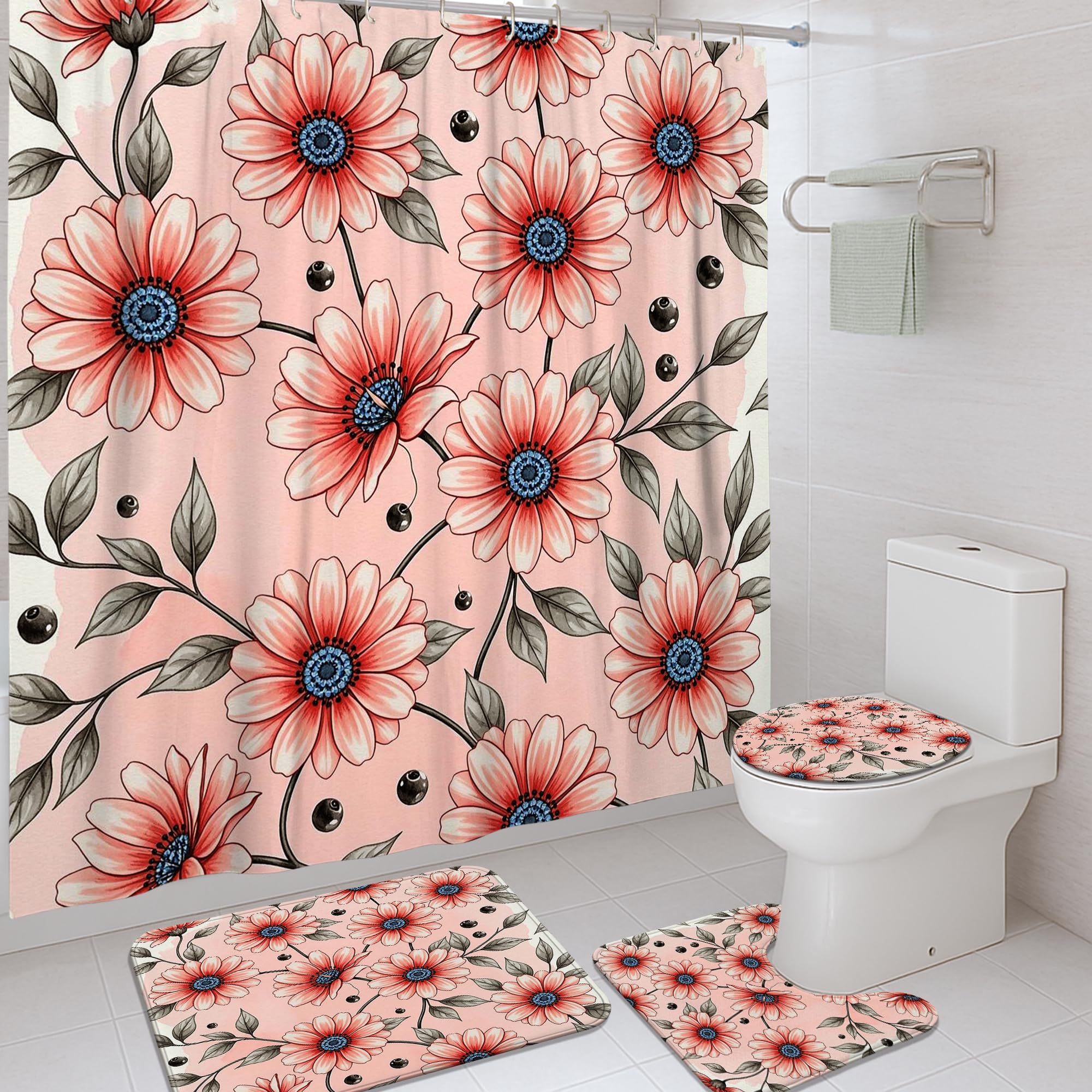 Rideau de douche anti-moisissure tissu lavable avec tapis déco