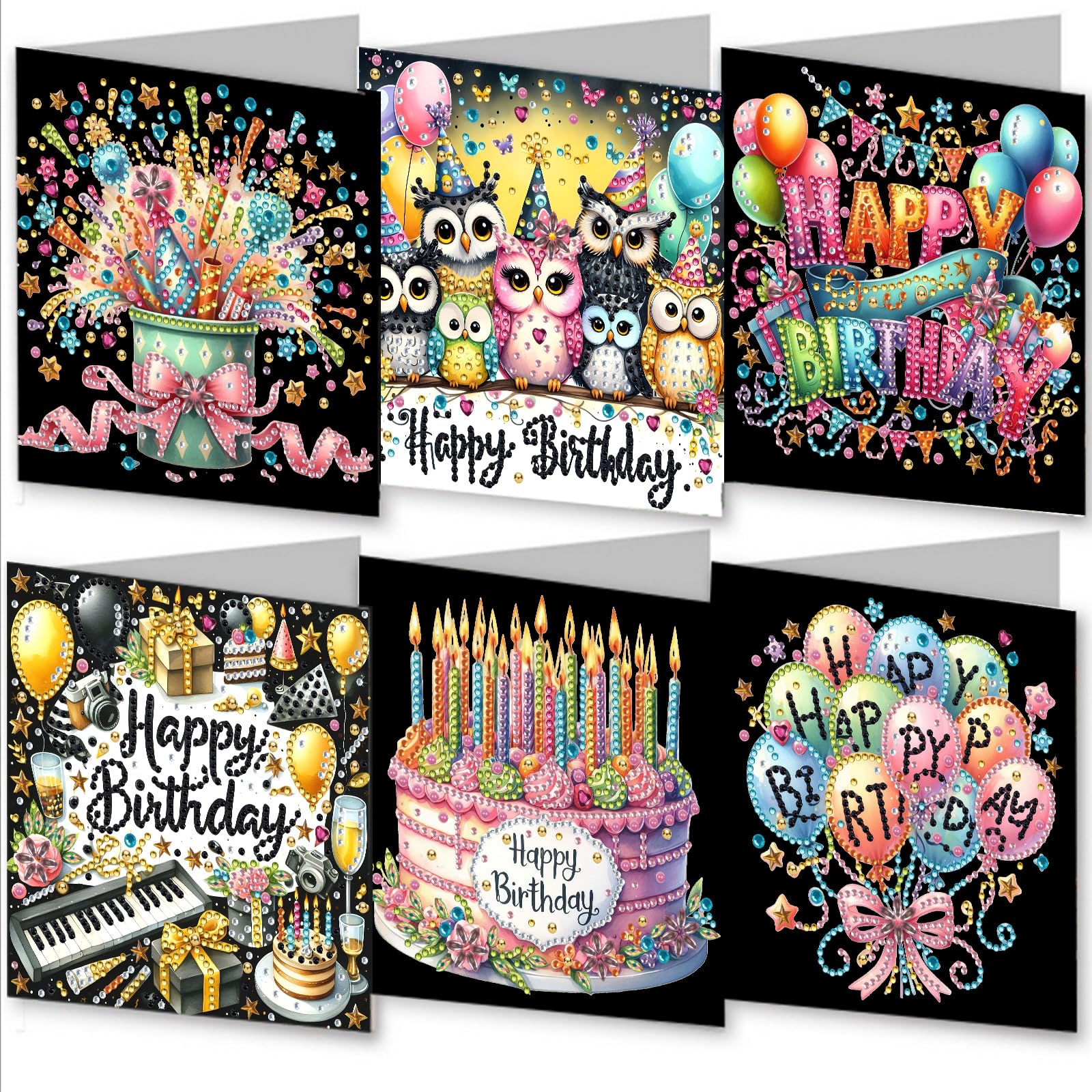 Awesocrafts Owl 6Pcs Diamond Art Christmas Cards Kits Birthday Balloon Cake Greeting, Diy Diamond Painting Cards Sets, 5D Diamond Art Cards With Envelopes, Postcards For Handmade, Xmas 30*15Cm (Owl)