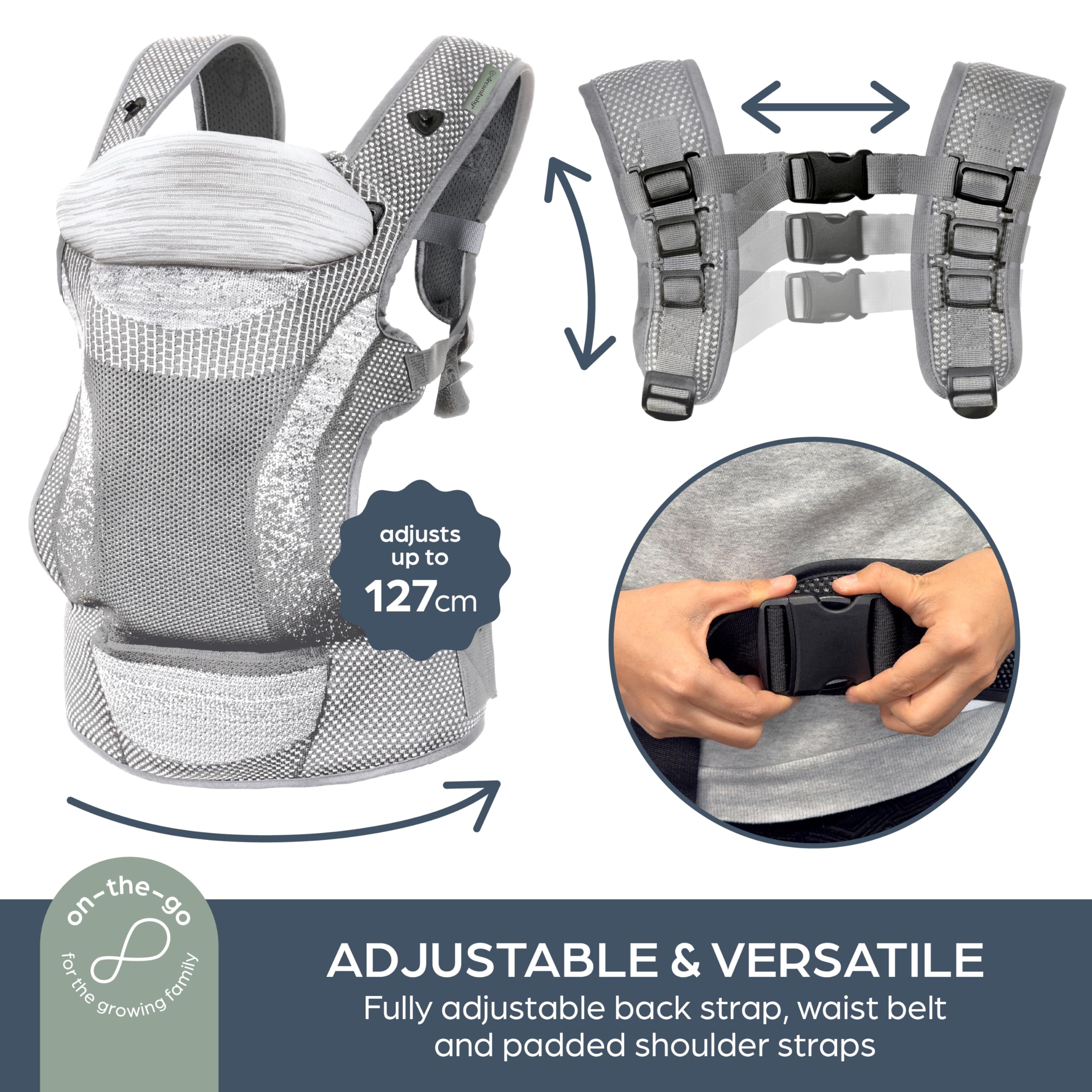 Dreambaby Inspire Porte-bébé à 3 positions, style avant et sac à dos, tissu tricoté respirant, soutien de tête confortable, sac de rangement intégré pour les parents en déplacement