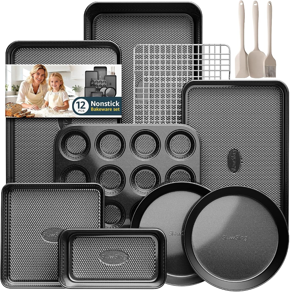 12-Piece Nonstick Bakeware Set, Stackable Non Toxic Baking Pans Set - Black | Oven Safe Bakeware Set with Rack & Kitchen Utensils, Cookie Sheets Set, Cake Pan, Muffin Pan, Loaf Pan, Roasting Pan