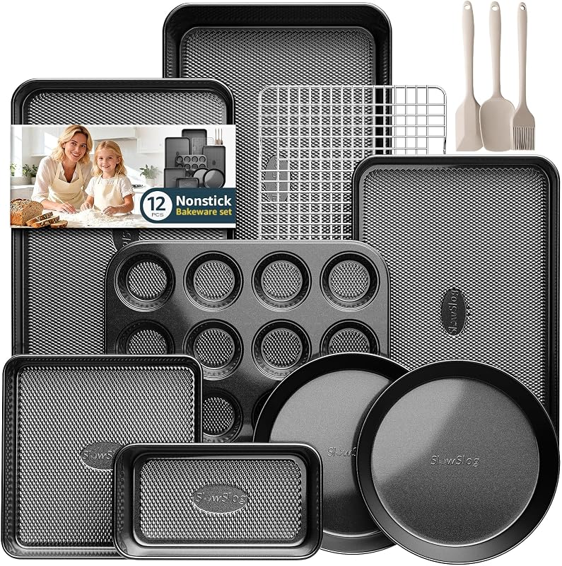 12-Piece Nonstick Bakeware Set, Stackable Non Toxic Baking Pans Set - Black | Oven Safe Bakeware Set with Rack & Kitchen Utensils, Cookie Sheets Set, Cake Pan, Muffin Pan, Loaf Pan, Roasting Pan