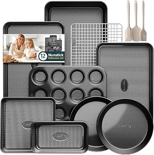 12-Piece Nonstick Bakeware Set, Stackable Non Toxic Baking Pans Set - Black | Oven Safe Bakeware Set with Rack & Kitchen Utensils, Cookie Sheets Set, Cake Pan, Muffin Pan, Loaf Pan, Roasting Pan