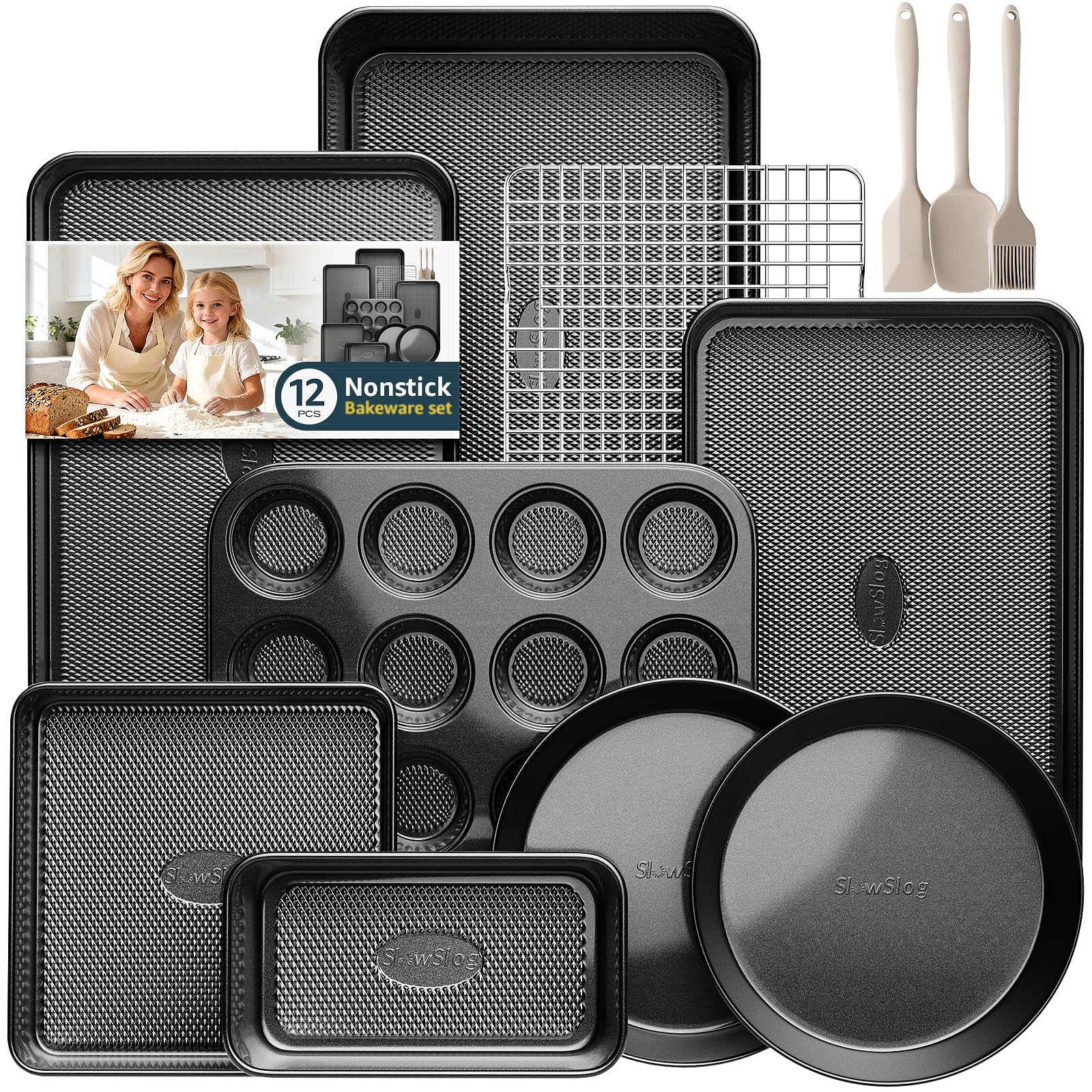 Antihaft-Backformen-Set, stapelbar, ungiftig, Schwarz, 12-teilig | Ofenfestes Backformen-Set mit Gestell und Küchenutensilien, Keksblech-Set, Kuchenform, Muffinform, Kastenform, Bräter