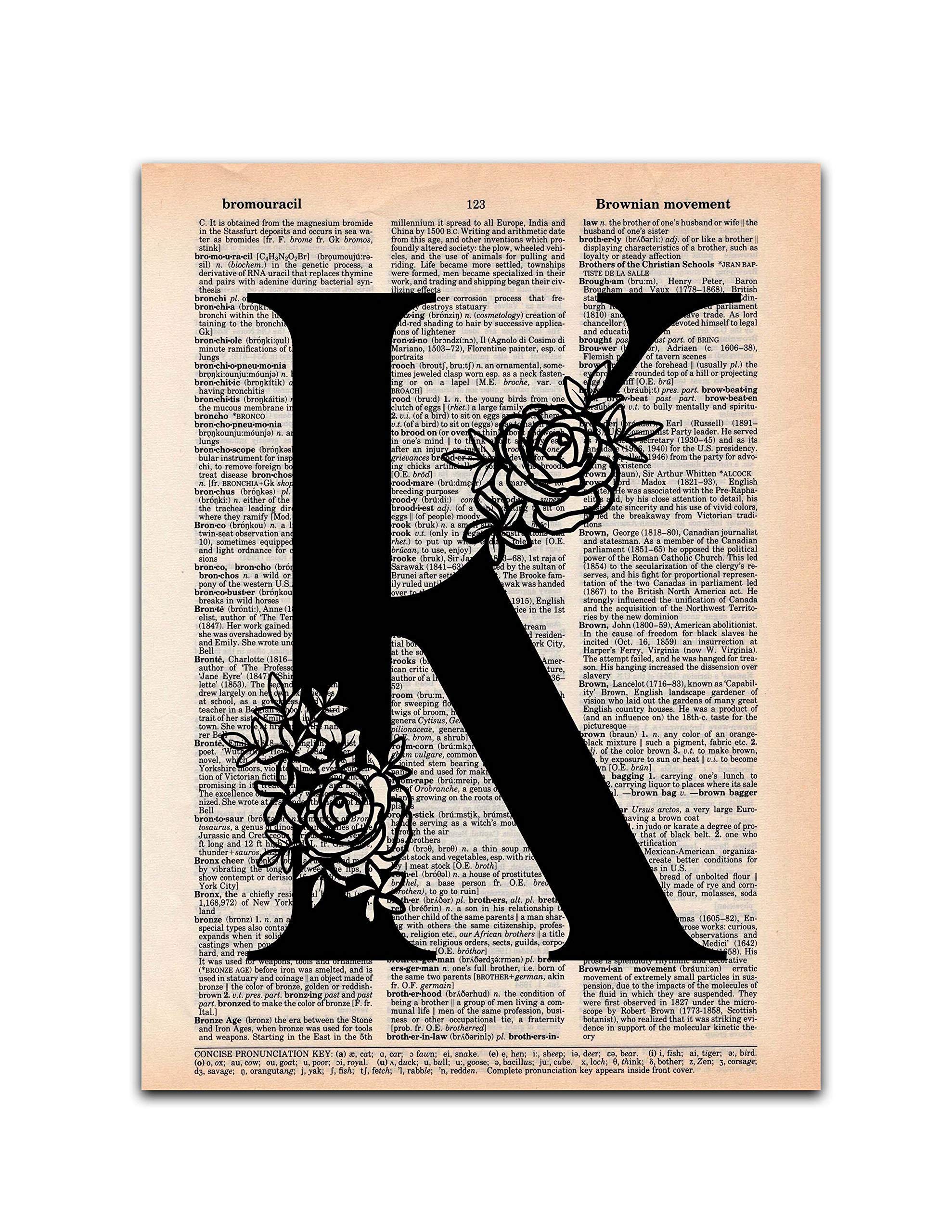 Monogram Letter Art, Floral Initial Wall Art, Black and White Dictionary Page Photo Print, 8x10, Unframed (K)