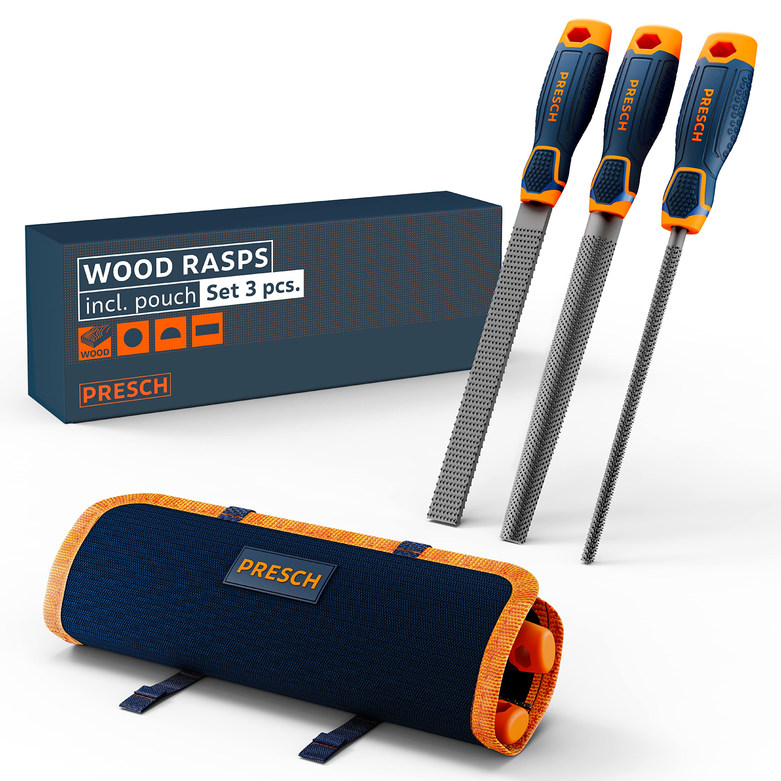 Presch Wood Rasp Set 3Pcs. With Bag - Wood Rasp Set Incl. Flat Butt Rasp, Half Round And Round Rasp - Professional Cut 2 File Set With 200Mm For Wood - Rasp File