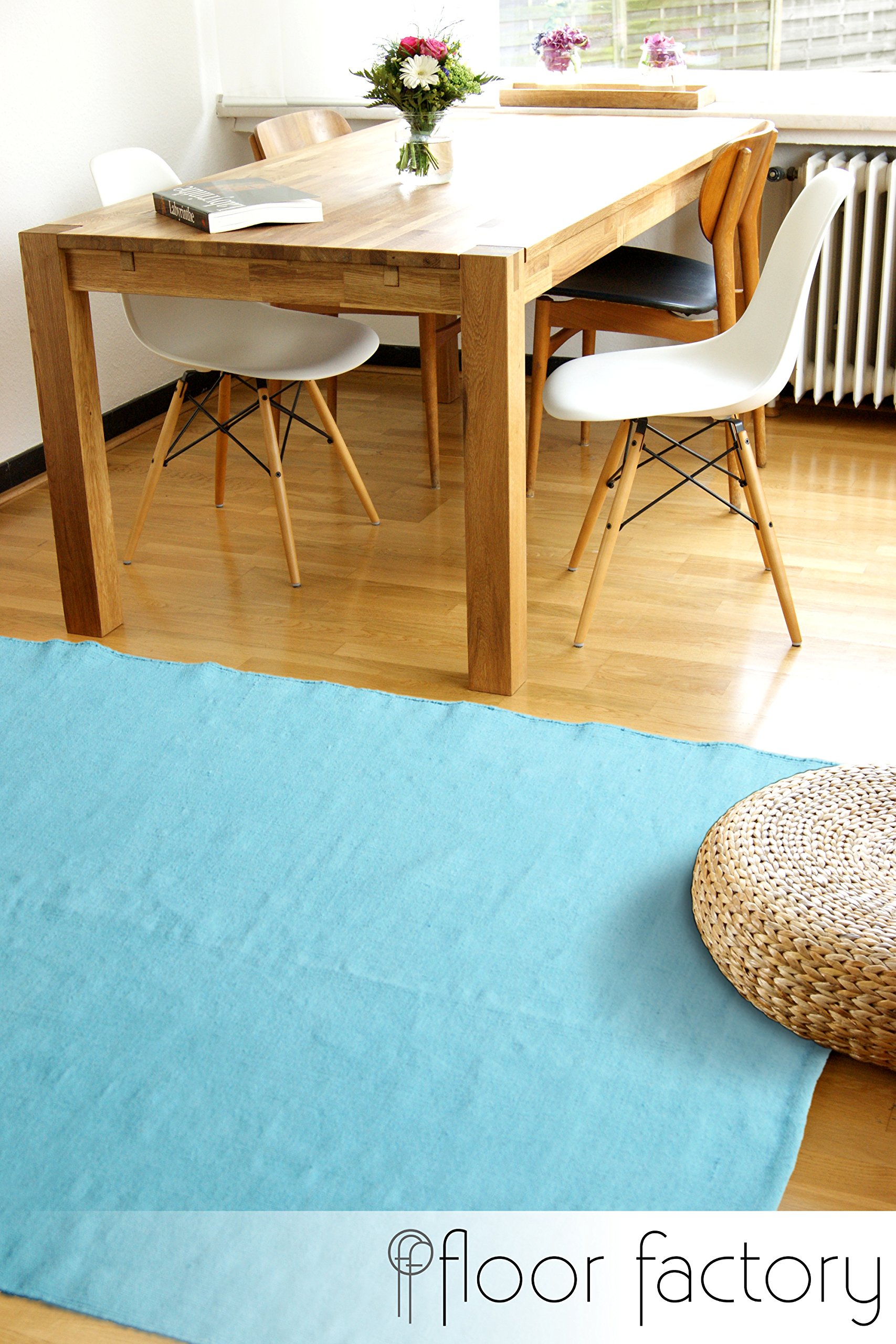 floor factory Moderner Baumwoll Teppich Living türkis/blau 160x230cm - waschbarer Webteppich aus 100% Baumwolle