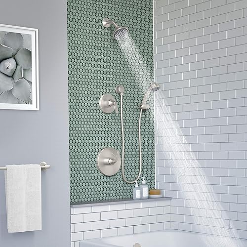 Miniatura 7 de Symmons 5505-STN-1.5-TRM Elm - Molde de ducha de 5 pulverizaciones con 2 manijas y ducha de mano de 3 pulverizaciones en níquel satinado (válvulas