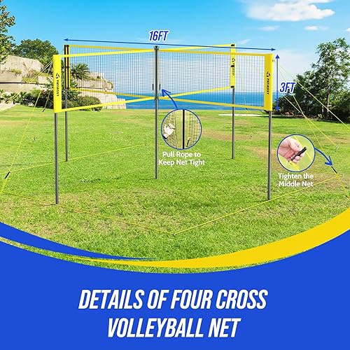 Miniatura 2 de 16FT 4 Square Volleyball Game Set with Adjustable Height, 4-Way VolleyballBadminton Net Outdoor for Backyard, Lawn and Beach with Portable Carry Bag