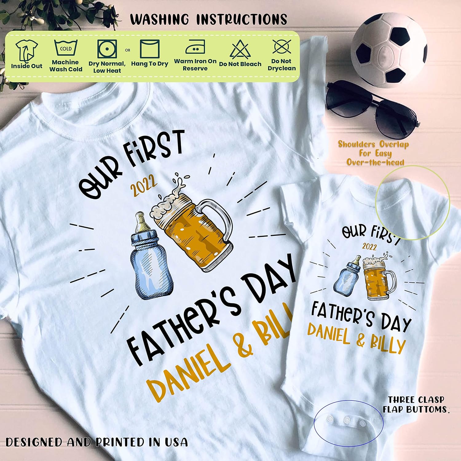 Our First Father's Day White Matching Outfits for Dad and Baby w/Name - 9 Design Option - Personalized Father and Son Matching Shirts Customized Daddy and Daughter Tshirts Custom Baby Onesie C1
