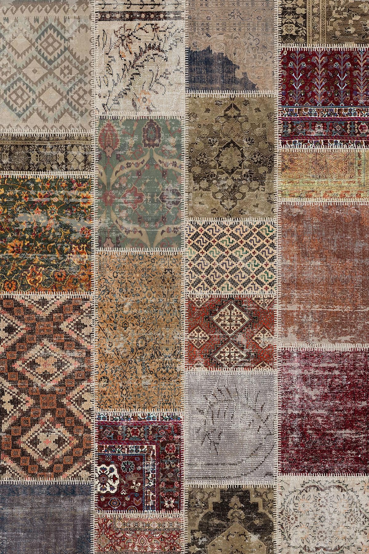 Depoba Flona Patchwork Şönil Kaymaz Doğal Pamuk Tabanlı Yıkanabilir Antibakteriyel Çevre Dostu Salon Halısı 120x180
