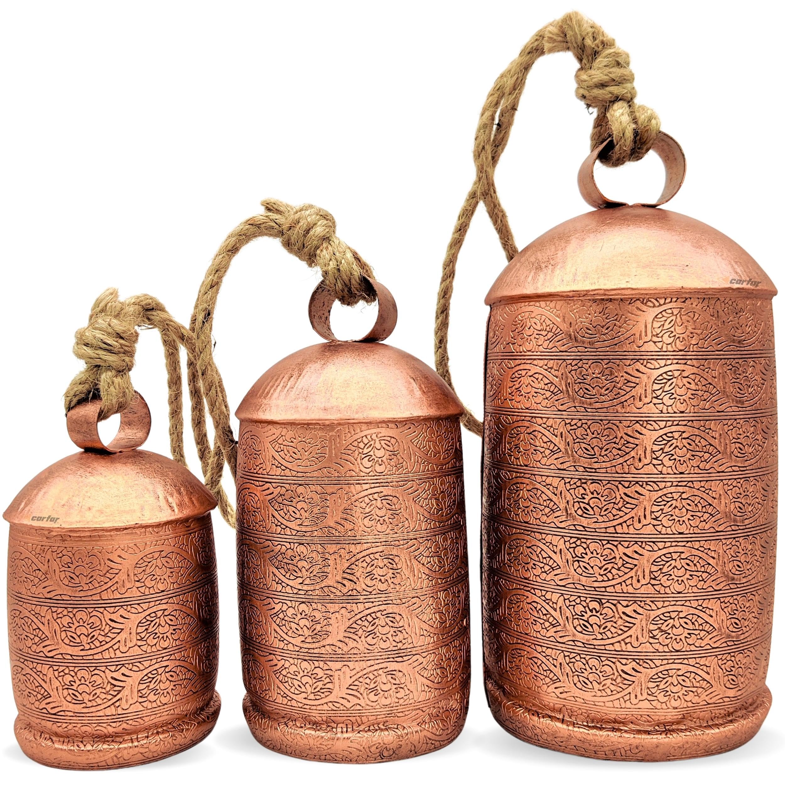 Set of 3 Rustic Copper Style Large Bells Handmade Metal Harmony Christmas Hanging Cow Bells Complete Set on Jute Rope (Copper)