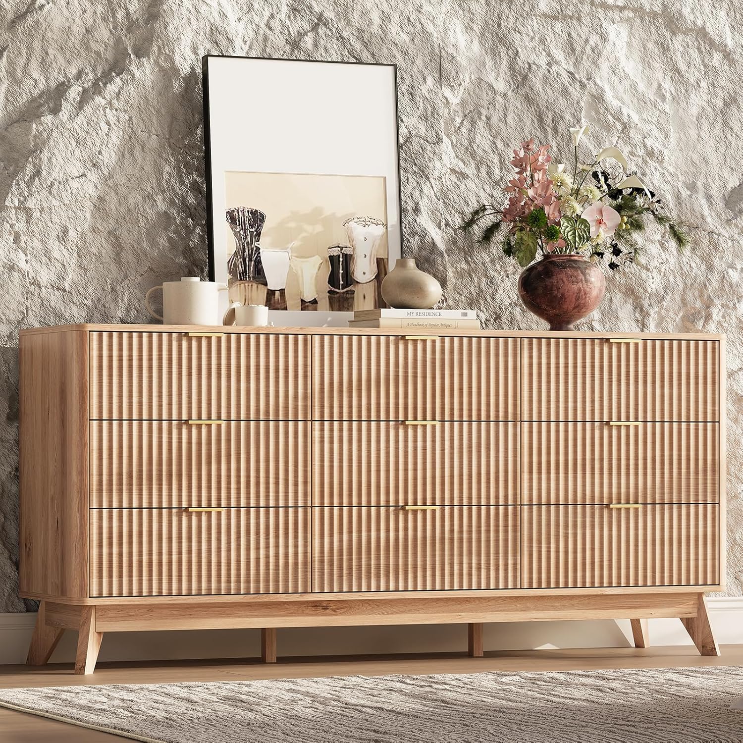 63'' Wide 9 Drawers Dresser for Bedroom,Modern Fluted Vertical Chest with Rounded Corners,Fluted Dresser for Living Room,Hallway, Natural Wood - Image 3