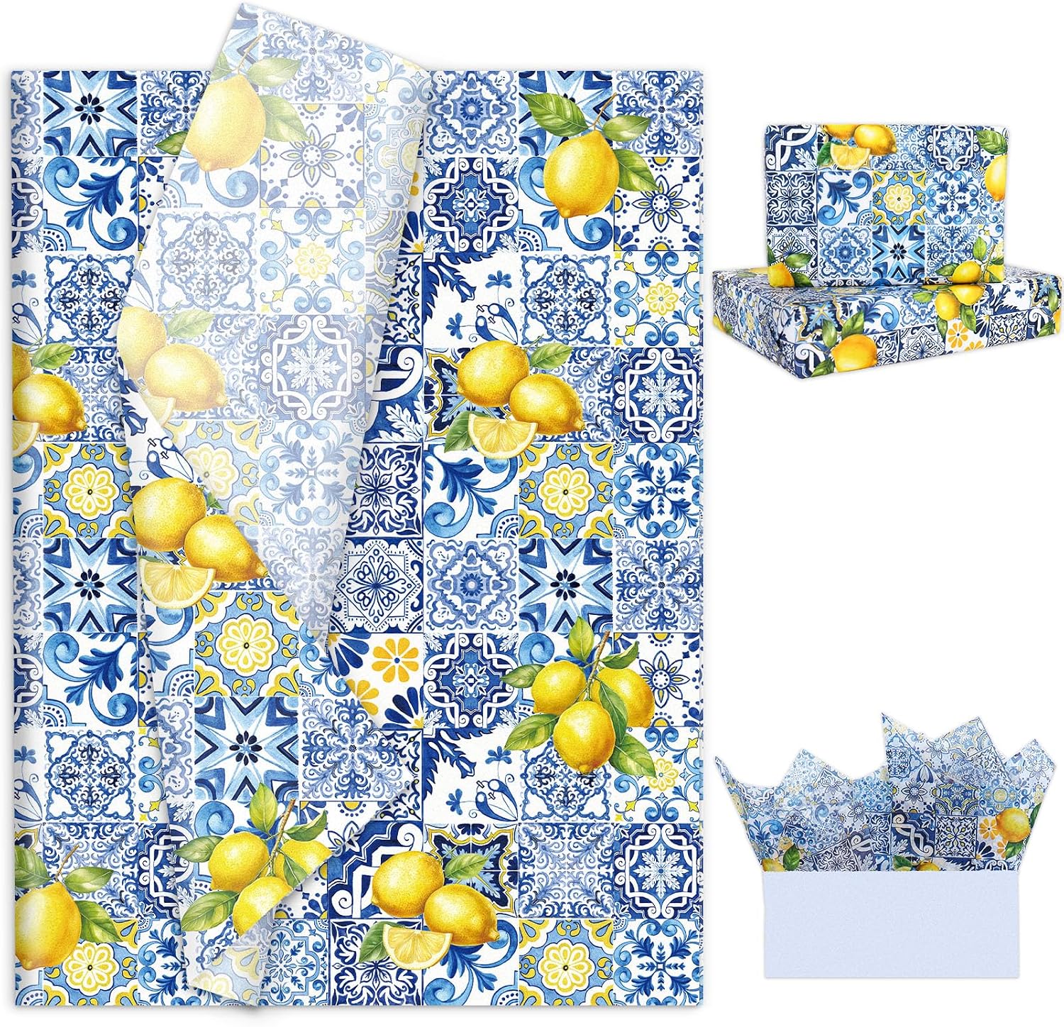 JarThenaAMCS 60 Sheets Capri Lemon Tissue Paper Blue Tiles Yellow Lemons Wrapping Paper for Summer Amalfi Coast Party Decorations DIY Crafts Supplies, 14 x 20 Inch