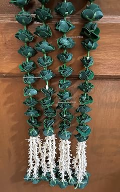Sphinx artificial velvet roses garlands with clustered tuberose (rajnigandha) for festive pooja wedding housewarming decorations approx. 2.5 ft (Dark Green, 2 Pieces)