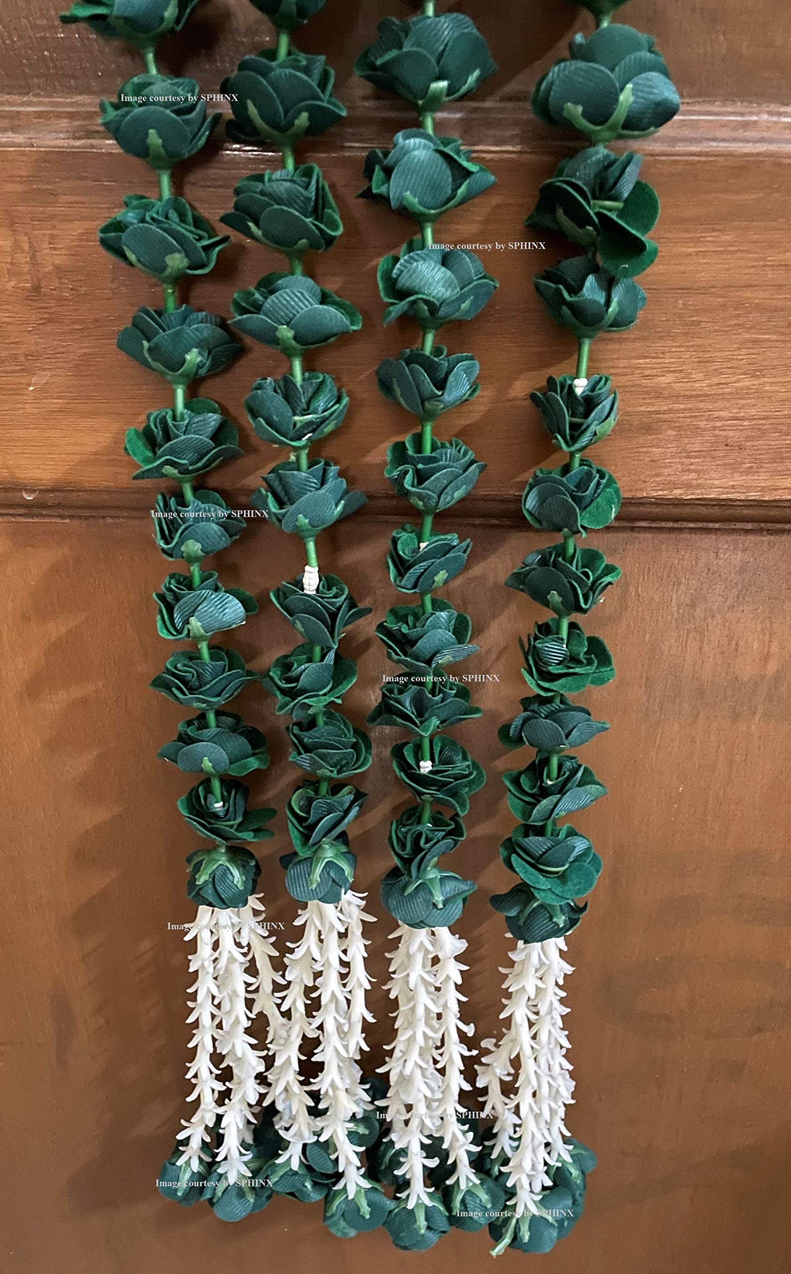 Sphinx artificial velvet roses garlands with clustered tuberose (rajnigandha) for festive pooja wedding housewarming decorations approx. 2.5 ft (Dark Green, 2 Pieces)