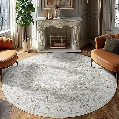 jinchan Alfombra redonda de 8 pies, color gris pardo, vintage, para cocina, interior, alfombra fina con estampado floral, alfombra circular lavable