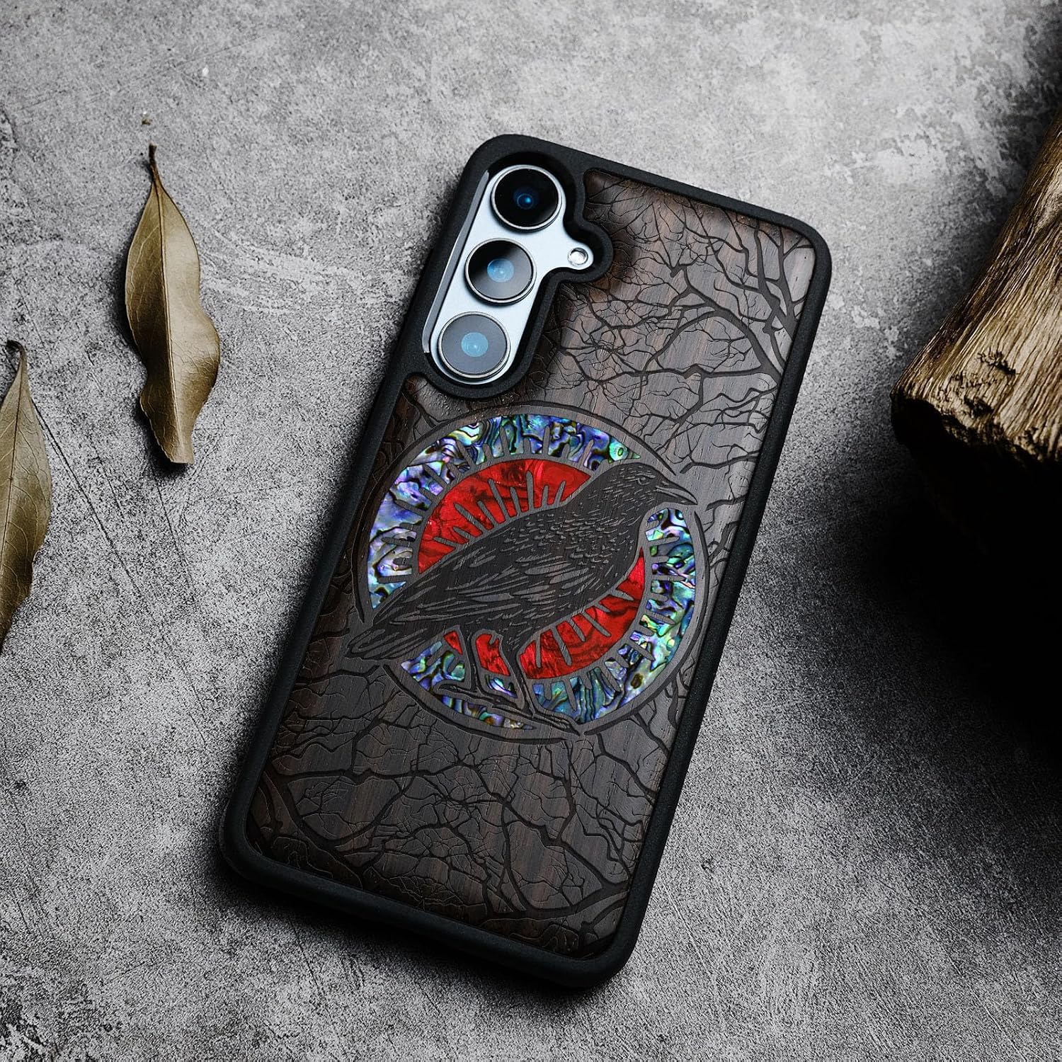 Carveit Designer Wooden Case for Samsung Galaxy S24 FE Case [Wood Engraving & Shell Inlay] Compatible with Wireless Chargers S24 FE Cover (The Haloed Crow-Blackwood)