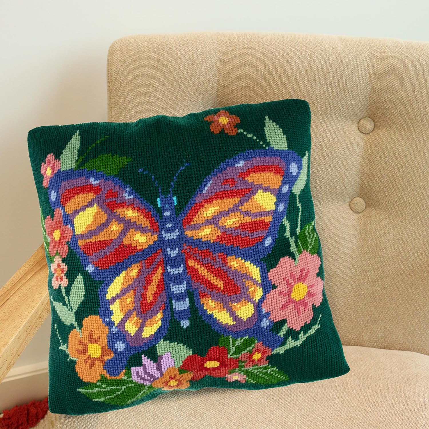 Trimits Half Stitch Cross Stitch Cushion Kit, Cushion Back Included, Pre Printed Canvas, Yarn and Needle Included 40 x 40cm (15.75 x 15.75in), Flutterby