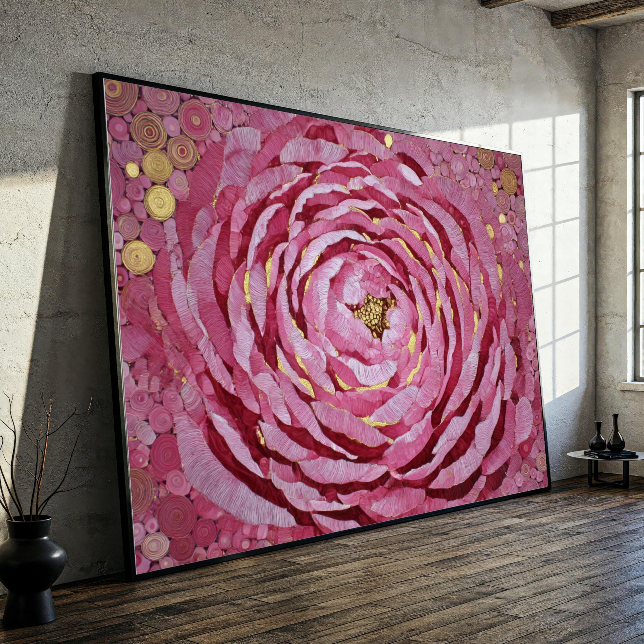 YUSUZHU Pink Rose Canvas, Abstract Floral Canvas Wall Art, Botanical Canvas, Gold Accents Decor, Romantic Home Decor Painting(80x110cm/Frameless)
