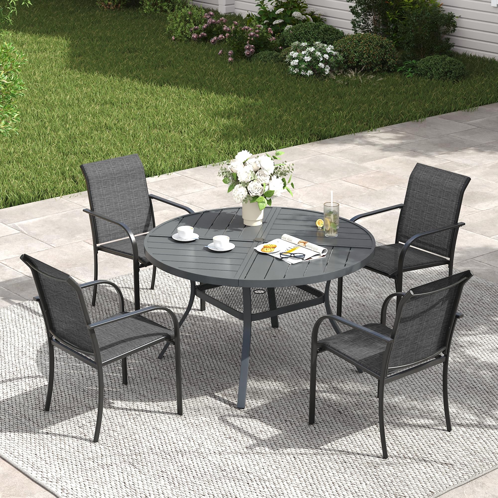 VICLLAX Patio Table and Chair Set of 4, All Weather Metal Round Outdoor Dining Furniture Set-40.6" Round Outdoor Table and Chairs, Grey Tabletop