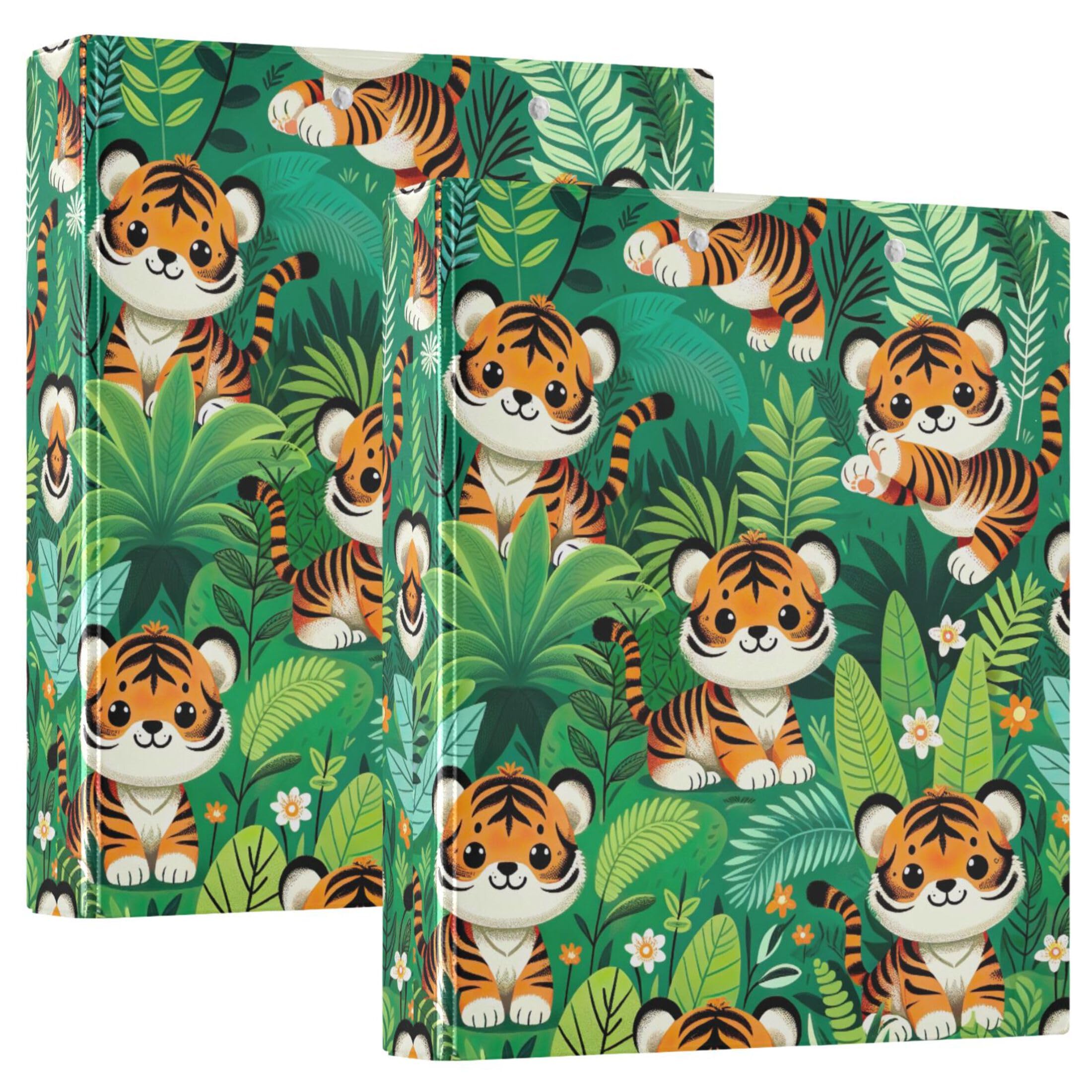 Niedliche Dschungel-Tigers-Ordner mit 3 Ringen, für 200 Blatt, Notizbuch, Druck, runder Ringbuch, 31,5 x 27 x 6 cm, 2 Stück