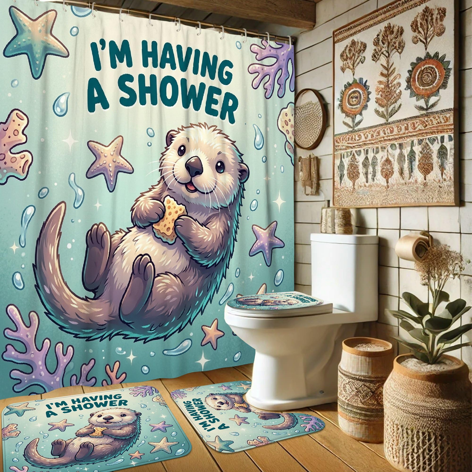 Rideau de douche tissu imperméable contre les fuites d'eau motif loutre dessin animé