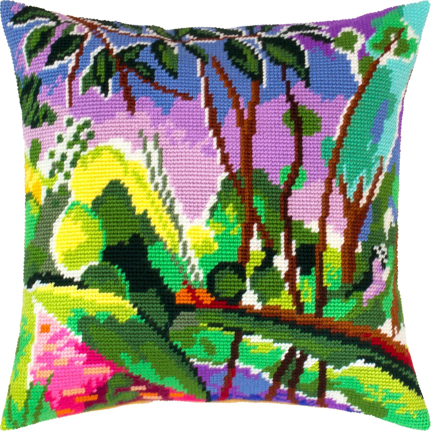 Brvsk Artistic Stamped Cross-Stitch Kit for Adults and Beginners — Riverbank View by Henri Matisse 16″ × 16″ with Clear, Precise Printed Design on Cotton Canvas; Includes Needles and Yarn