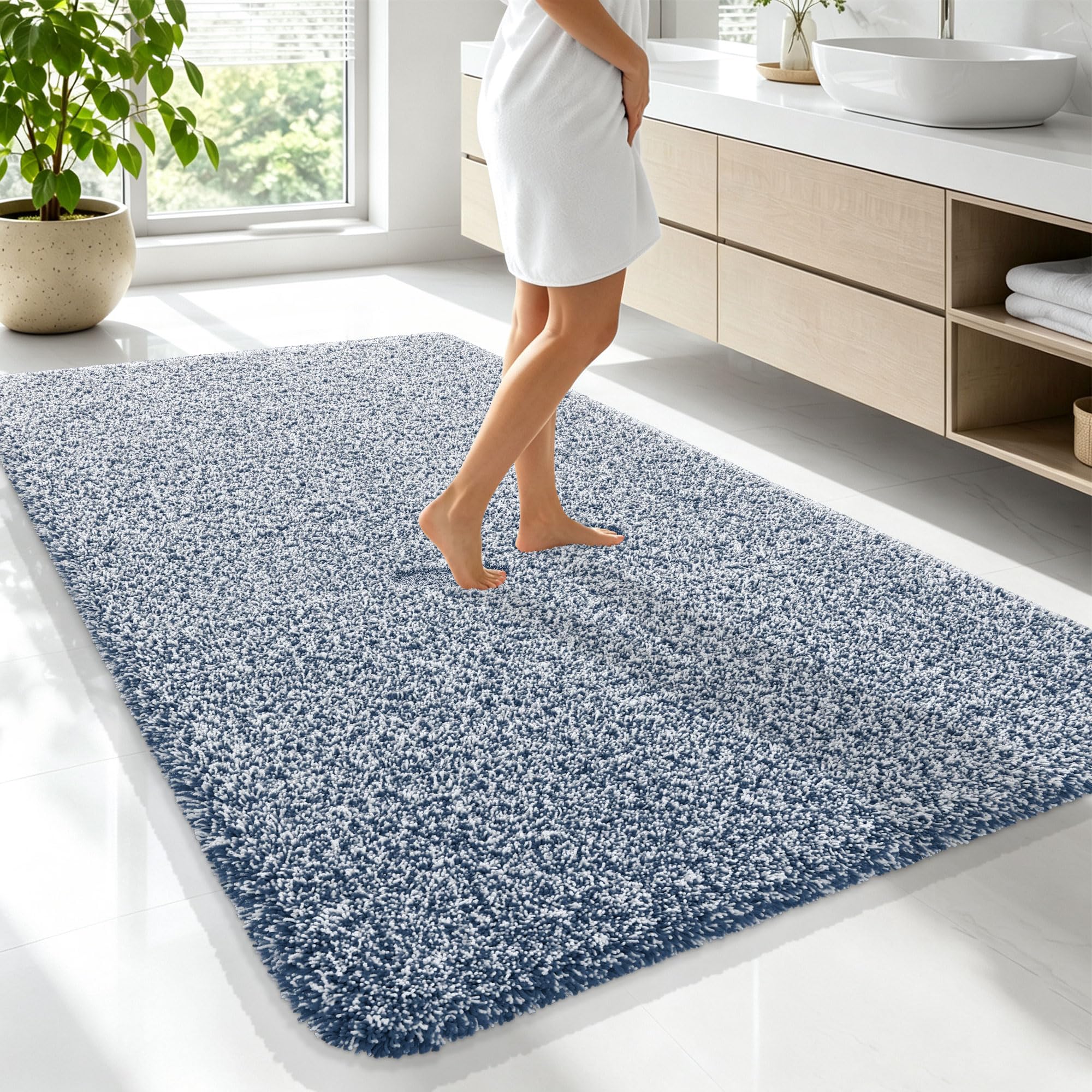 OLANLY Microfiber Bathroom Rugs 70x46, Quick Dry Bath Mat, Navy and White