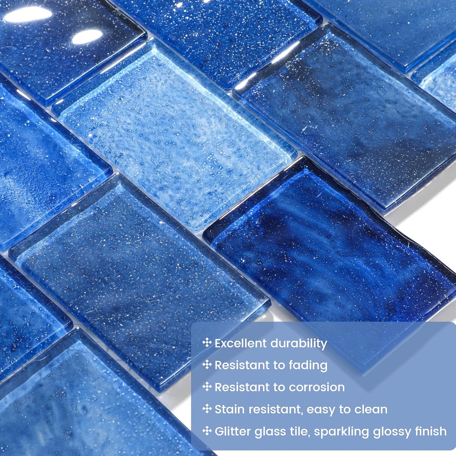 Glass Mosaic Tiles Backsplash, 5-Sheet Subway Backsplash Glass Tiles for Kitchen Bathroom Swimming Pool Shower Wall (Dark Blue, 4.71 SQ.FT)