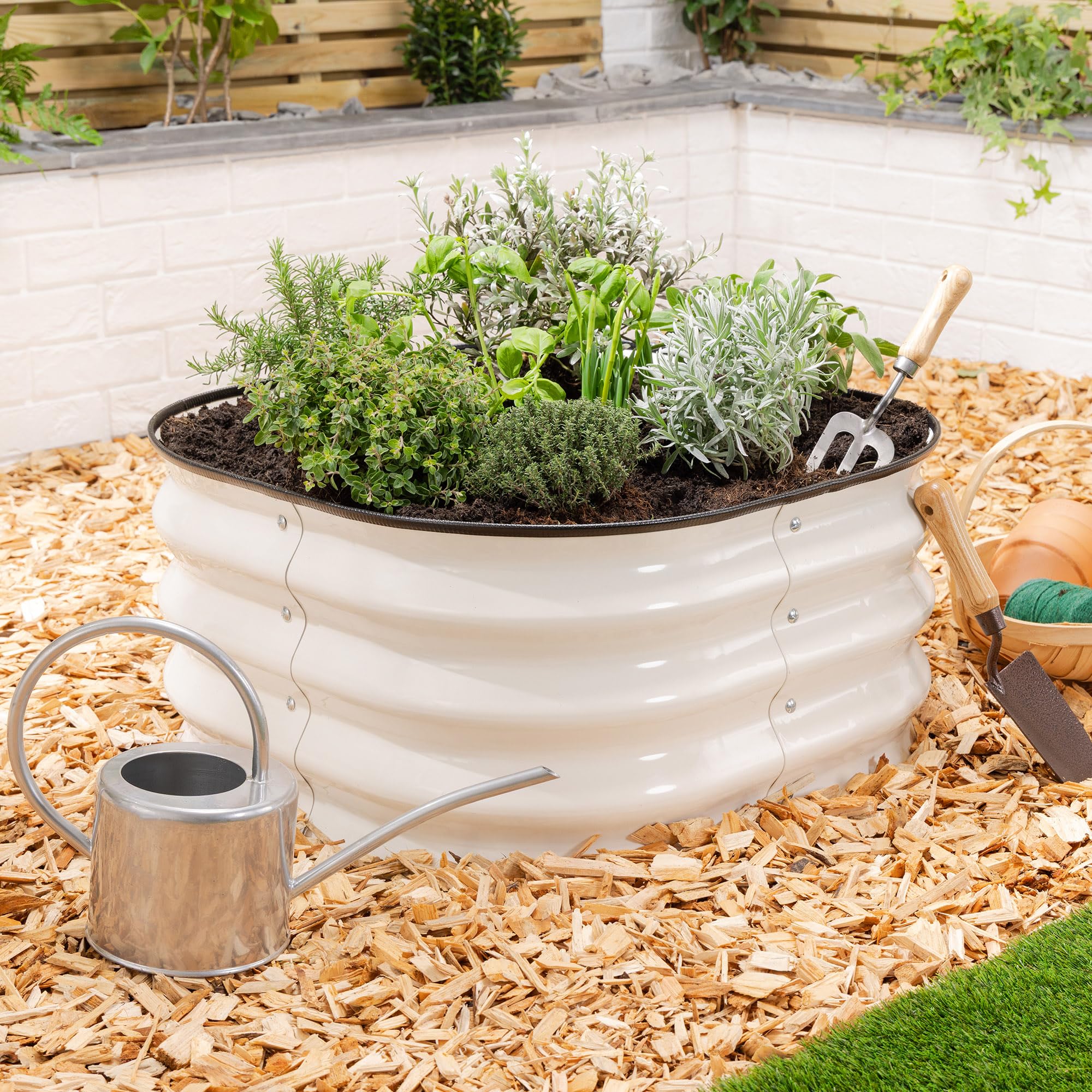 CHRISTOW Square Raised Garden Bed – 63cm x 63cm x 30cm, Cream Galvanised Steel Planter, Open Base for Drainage, Outdoor Grow Bed for Plants, Flowers & Vegetables, Protective Rubber Rim