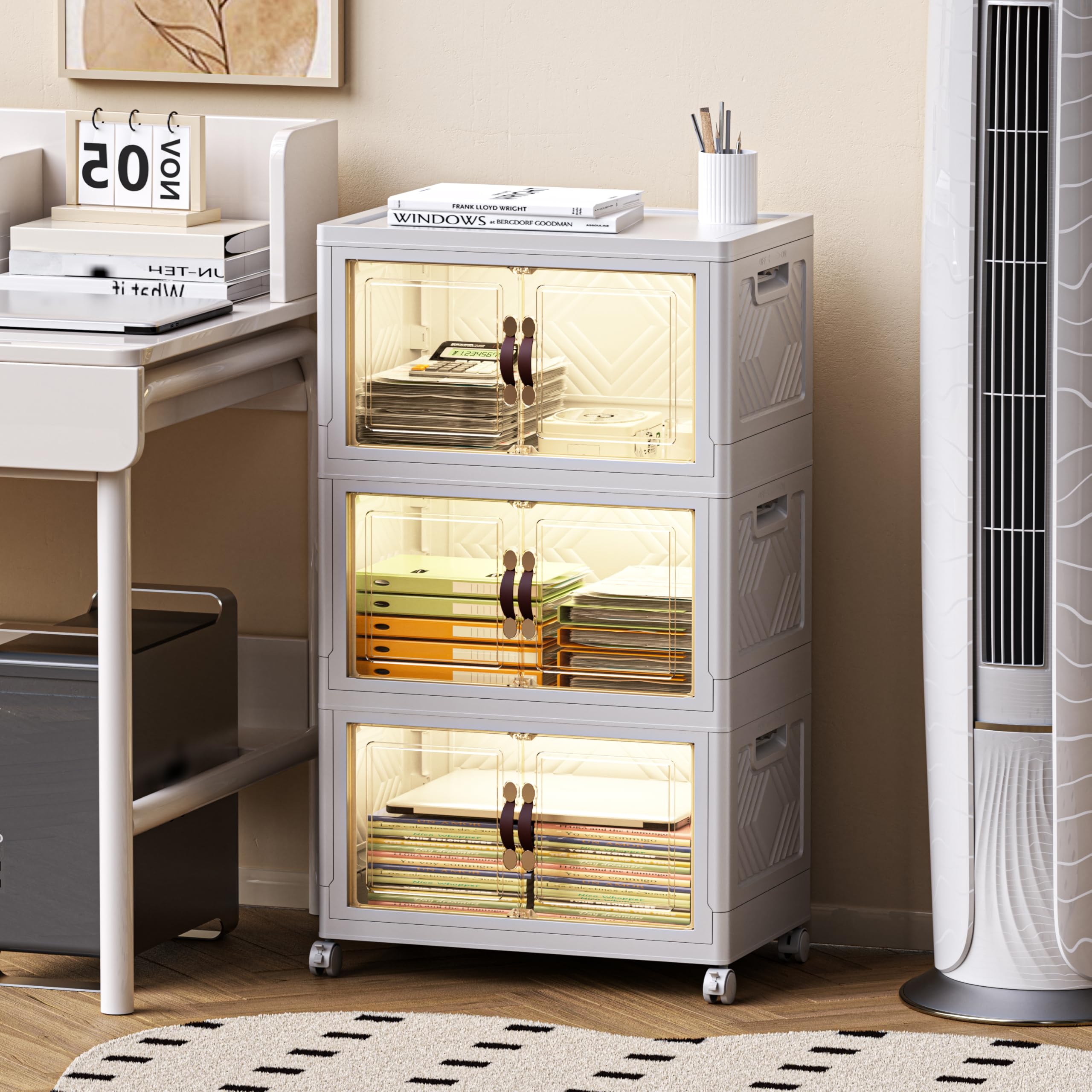 URey 148 QT / 37 Gal Stackable Collapsible Storage Bins (1 Lid) with Magnetic Doors & Wheels - Plastic Cabinet Organizer for Home Office Closet, White