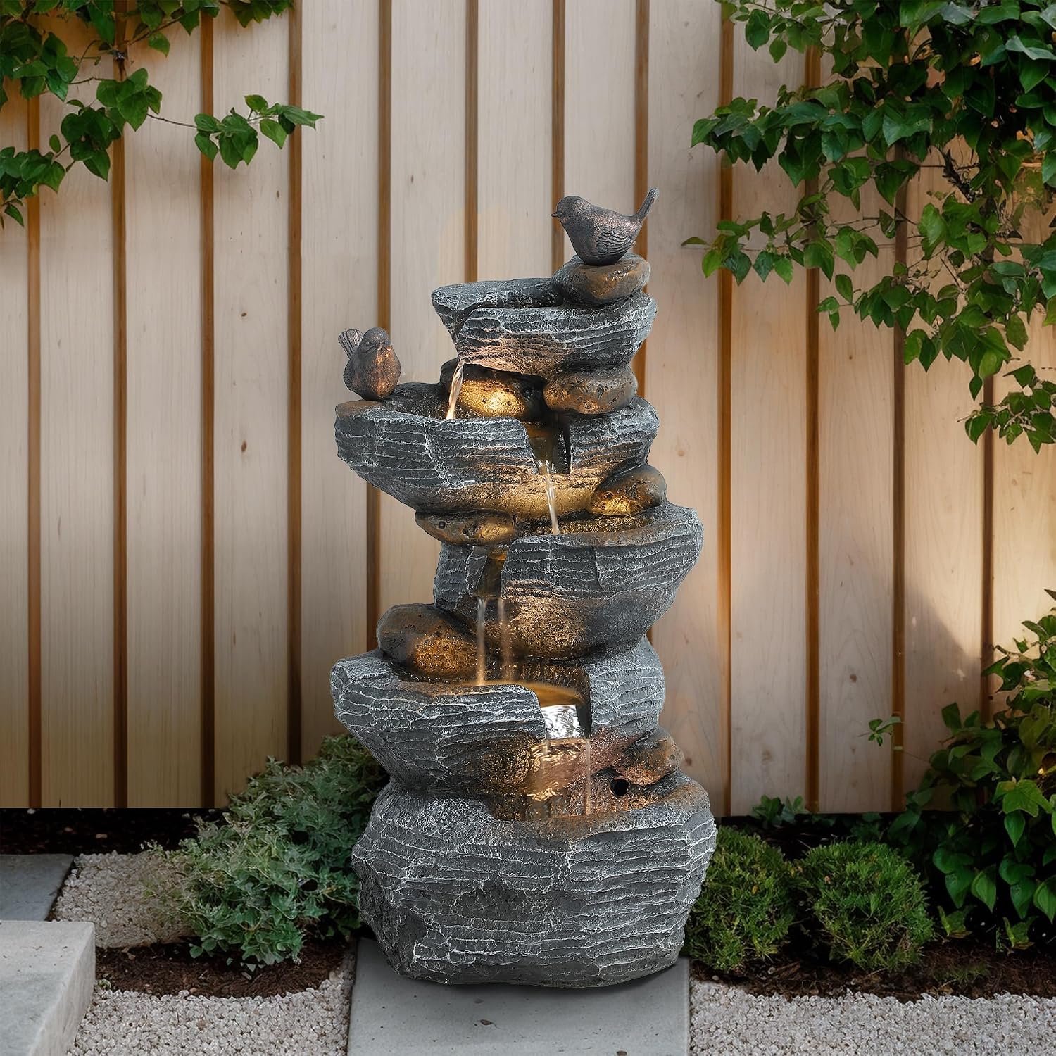 Bird Outdoor Water Fountain, 5 Tiered Waterfall Fountains with LED Lights, Garden Waterfalls Outside, Modern Cascading Rock Fountain for Garden, Yard, Patio, Home Decor