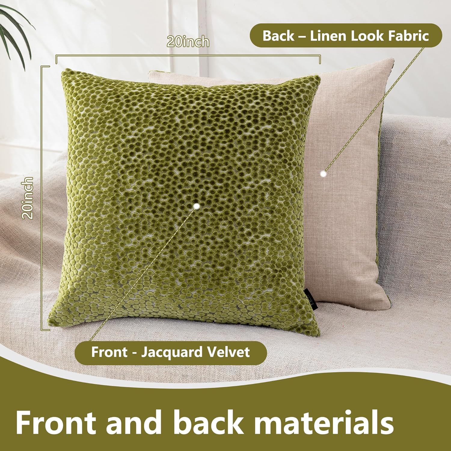 FIFU Couch Throw Pillow Covers 20x20 Inch Set of 2 - Jacquard Velvet Front & Neutral Textured Back, Decorative Cushion Covers with Invisible Zipper for Living Room, Bedroom & Home Sofa, Olive Green
