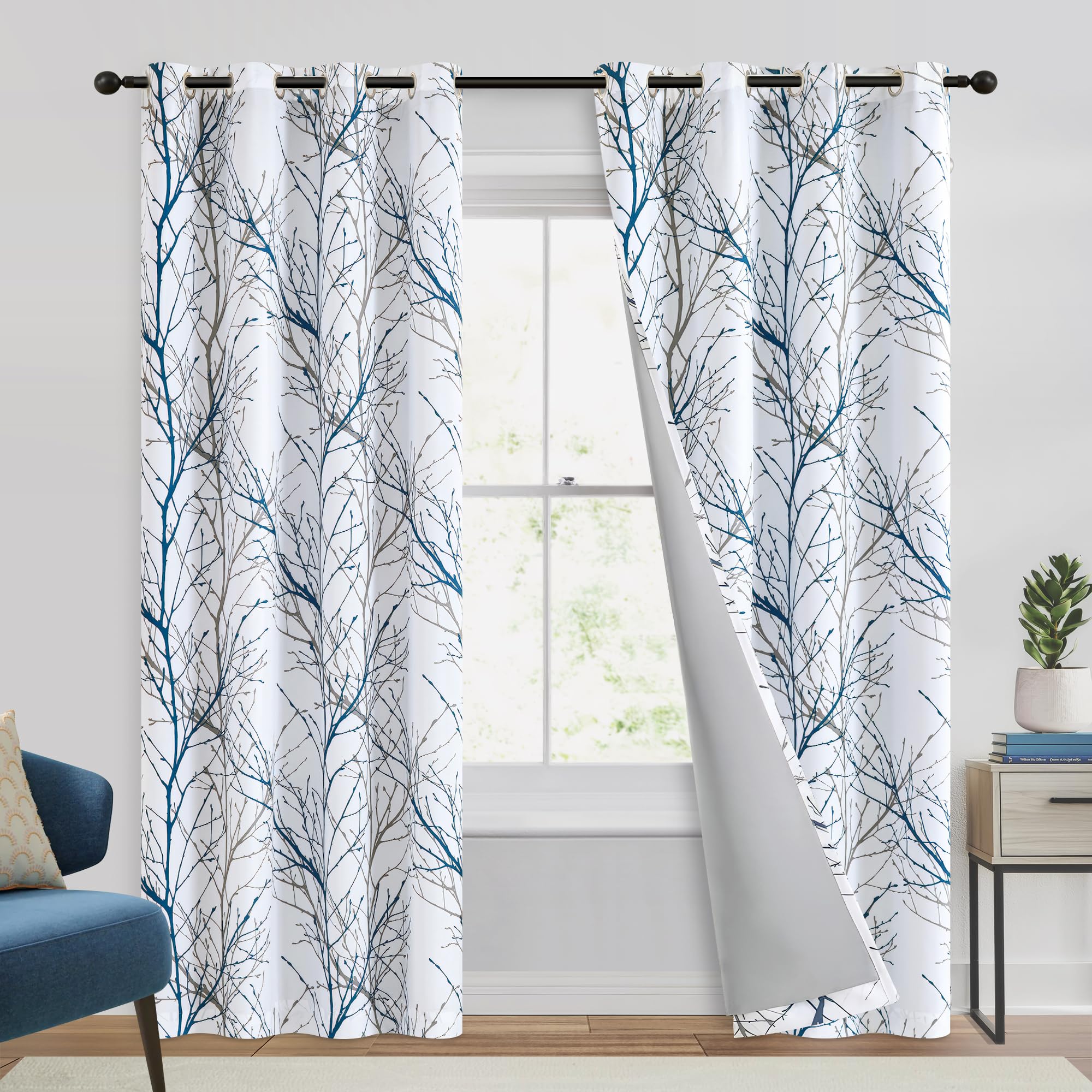 FMFUNCTEX 100% Blackout Curtains Blue White Tree Liner Curtains for Bedroom, Branch Partterned Curtains 84 inches Long for Living Room, Room Darkening Thermal Insulated Drapes, Grommet Top 2 Panels
