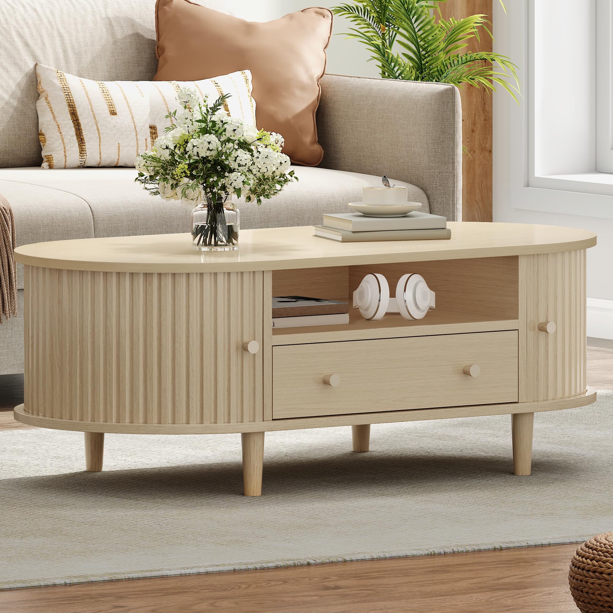 Table Basse Salon Ovale 100x50x36 cm avec Porte à roulettes et Rangement, Petite Table de Salon en Bois, Design Moderne pour Canapé et Petit Espace