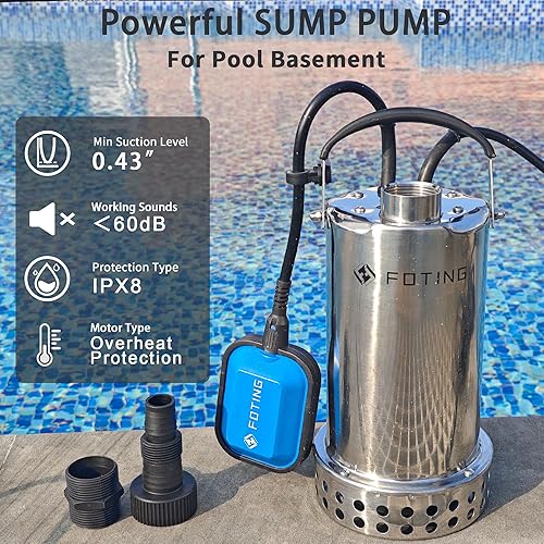 Miniatura 3 de FOTING Bomba de sumidero de acero inoxidable 304 completa con interruptor de flotador, bomba de agua sumergible automática de 1 HP 4600 GPH,