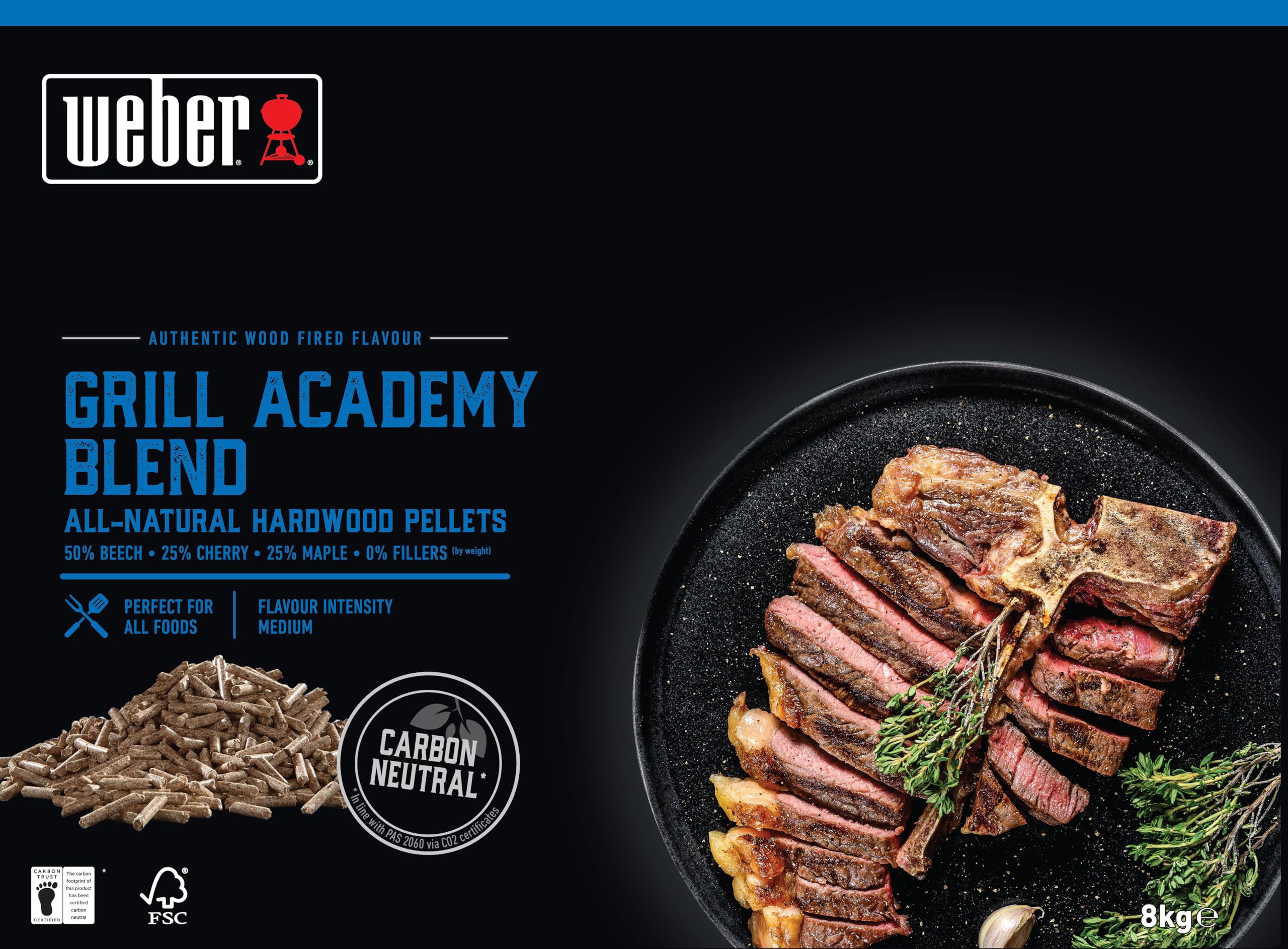 Weber Holzpellets - Grillacademy Blend (8kg), perfekt zum Räuchern von Gemüse, Fisch und Allen Fleischarten, Allrounder 100% natürliche Holzpellets, FSC zertifiziertes Holz (18294)