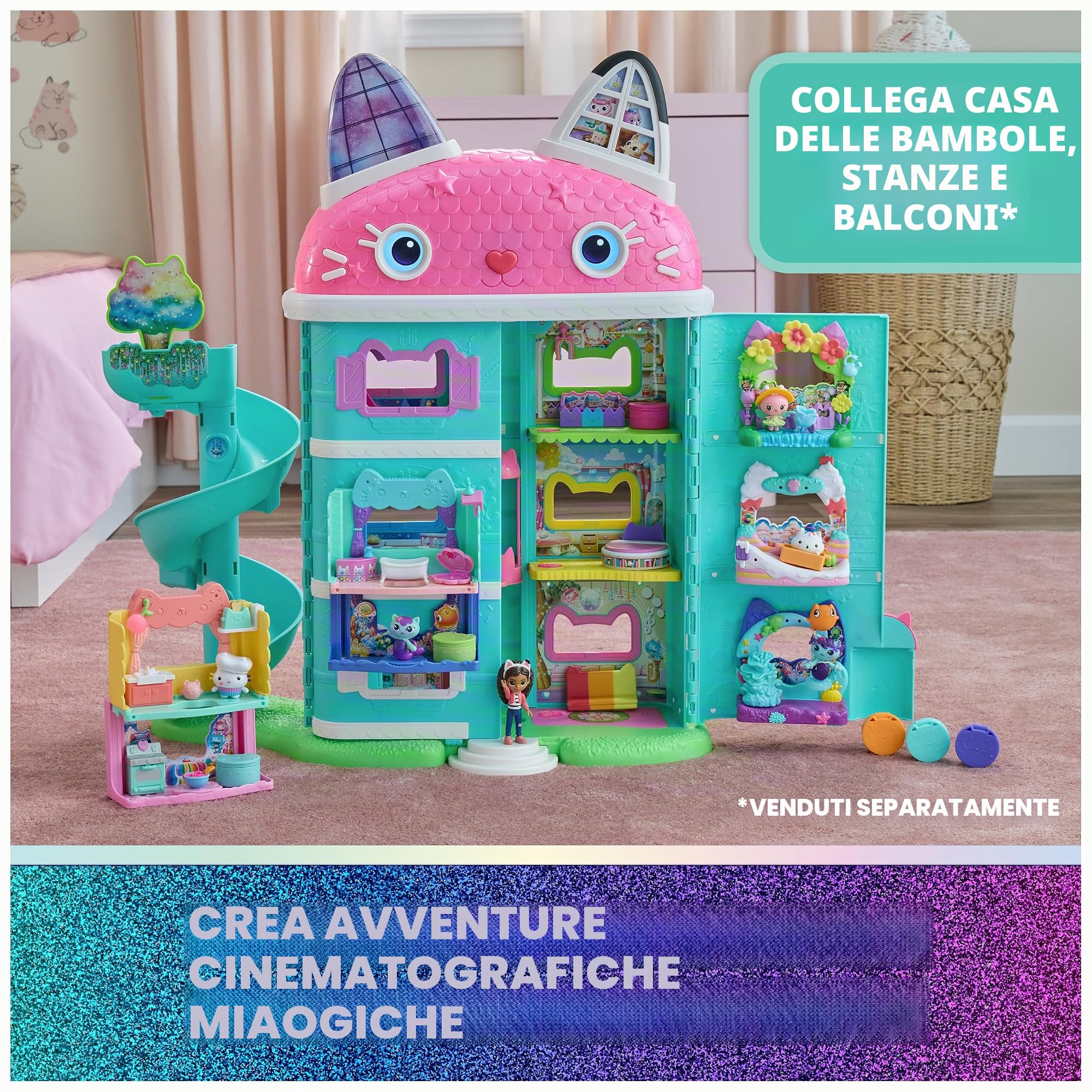 Gabby's Dollhouse: The Movie, Meow-Mazing, casa delle bambole interattiva, 7 stanze, occhi con schermo LCD, figure, Sound FX, giocattoli per bambini per ragazze e ragazzi dai 3 anni in su