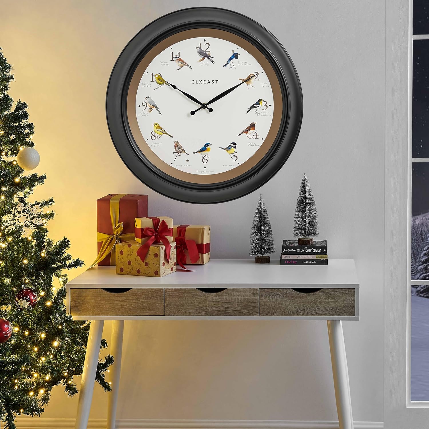 CLXEAST 18 Inch in/Outdoor Singing Bird Wall Clock, Large Illuminated Outdoor Clocks Waterproof for Patio, Pool or Porch Decor,Oil Rubbed Bronze Black